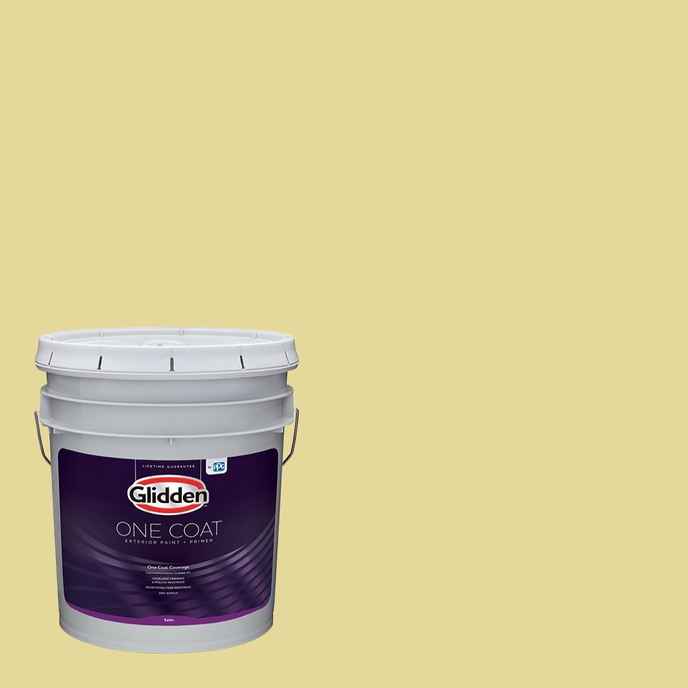 Glidden Exterior Paint + Primer in Subtle Sunshine Yellow - One Coat Satin Finish, 5 Gallon Bucket - Perfect for House Exteriors, Fences & Outdoor Projects