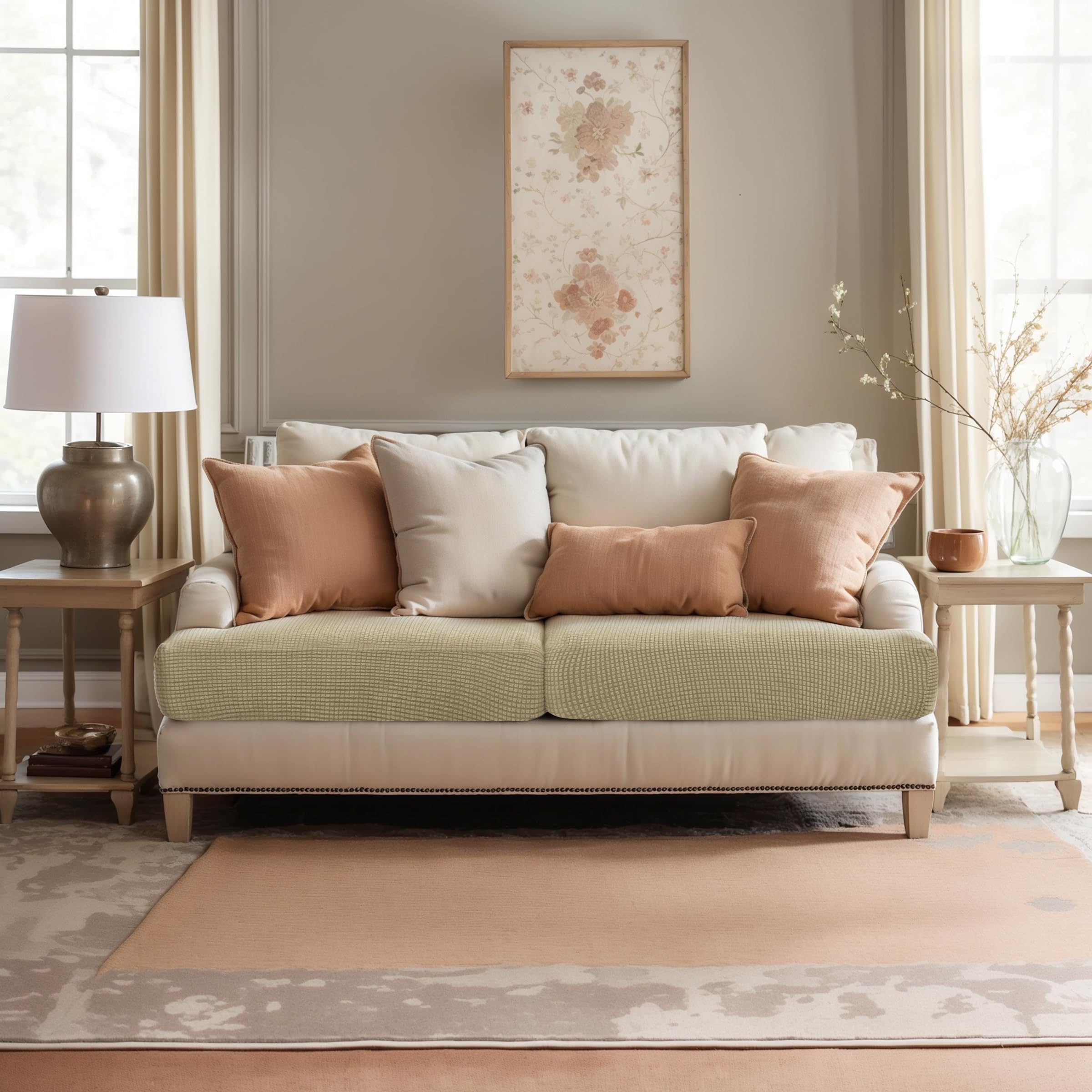 SUBRTEX Stretch Couch Cushion Covers - 2 Pack Elastic Spandex Slipcovers for Sofa, Loveseat, Chair & RV Seats - Sand Color Furniture Protector | Perfect for Home, Office & Travel Use