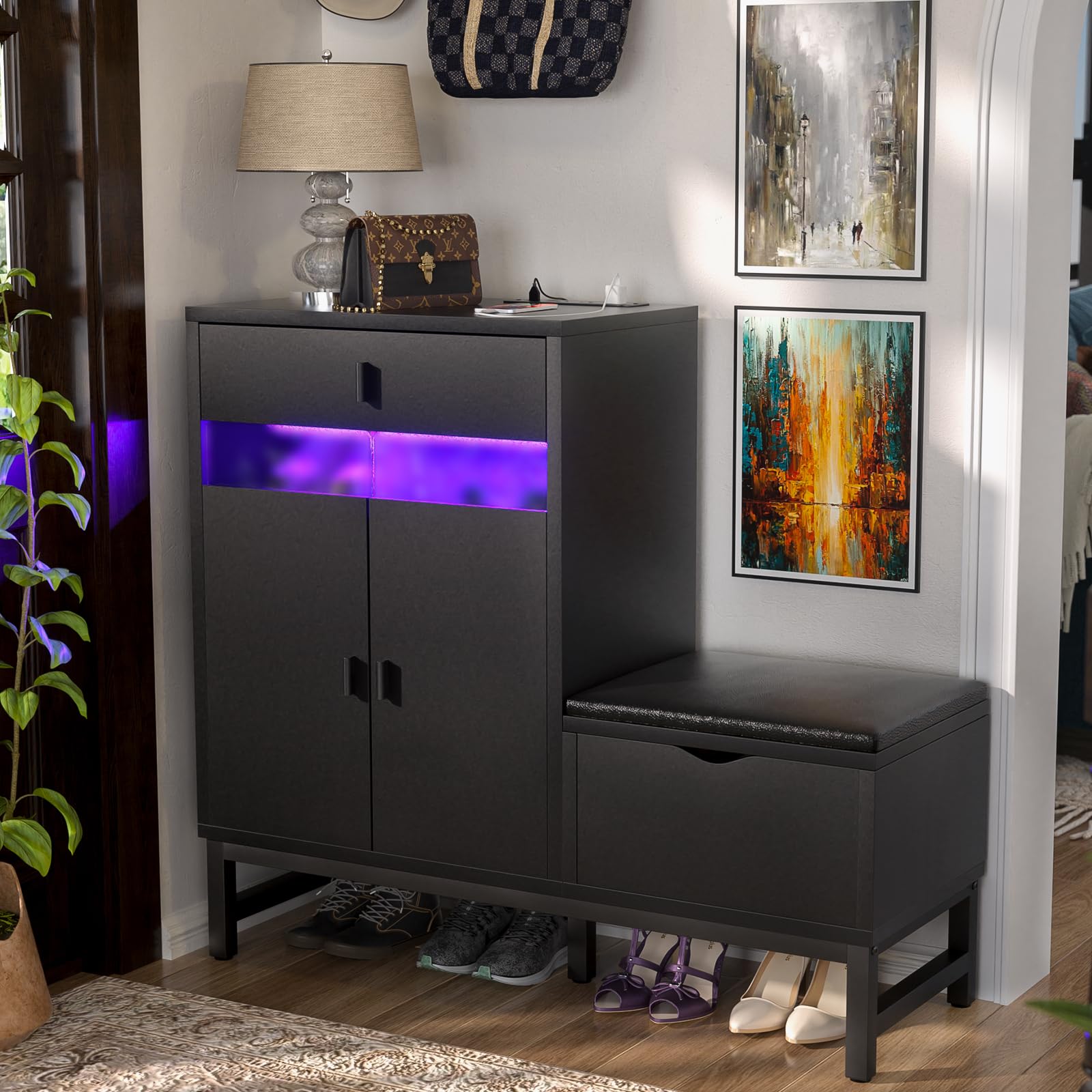 Armocity Freestanding Shoe Cabinet with LED Lights & Power Outlets - Entryway Shoe Storage Bench with Reversible Design, Hidden Compartment & Drawer - Perfect for Small Spaces, Hallway Organization & Shoe Display (Black)