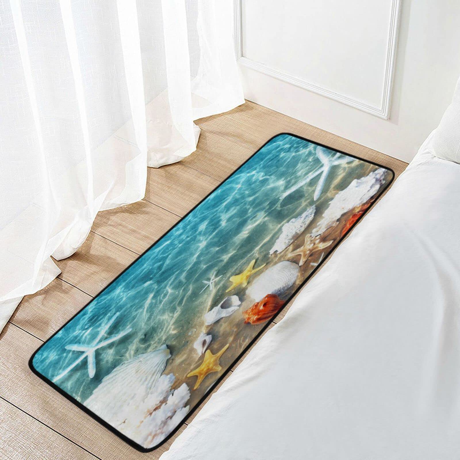 Non-Slip Absorbent Coral Starfish Seashell Bath Mat - 39x20 Inch Washable Kitchen Rug for Bathroom, Beach & Summer Decor - Perfect for Home, Office, Hallway, Sink & Laundry Areas