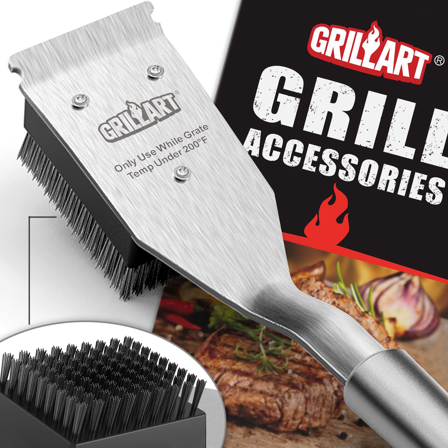 GRILLART Grill Brush and Scraper Replacement Heads - 2 Pack Stainless Steel Bristle Heads for BBQ Grill Cleaning - Perfect for Gas, Charcoal, and Electric Grills