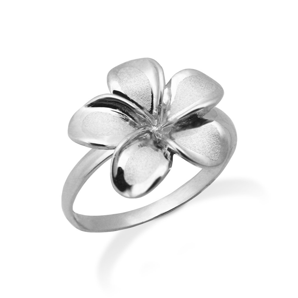 14K White Gold Plumeria Flower Ring - 15mm Hawaiian Jewelry for Women, Perfect for Beach Weddings, Tropical Vacations & Everyday Elegance
