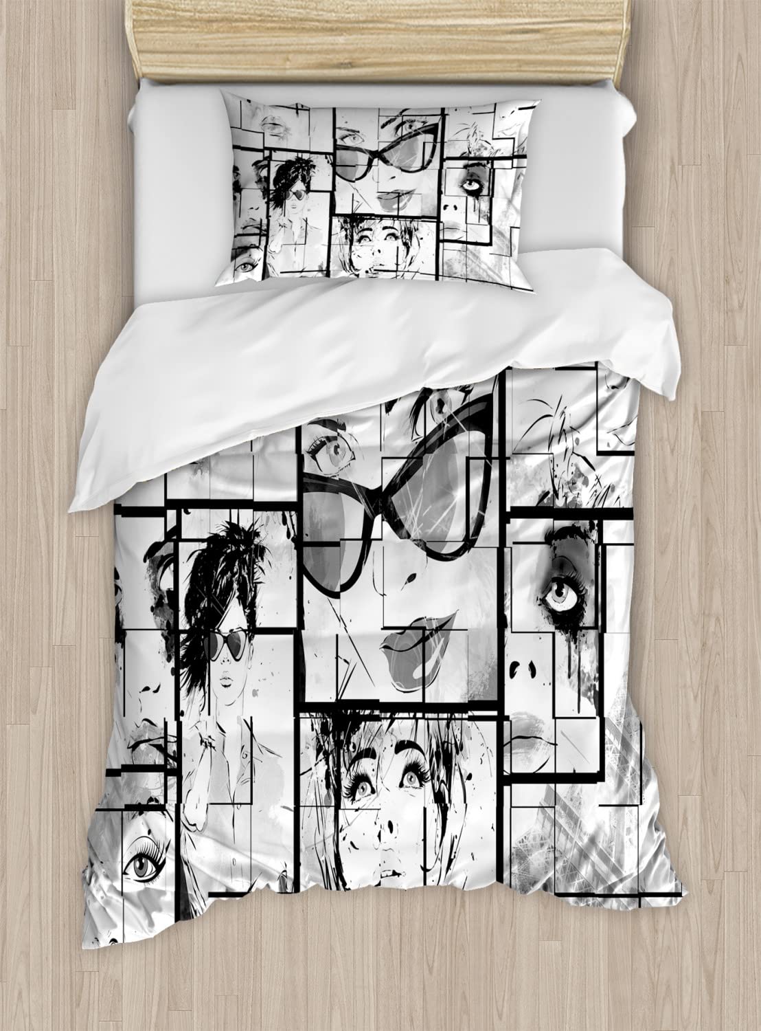 Ambesonne Eiffel Tower Duvet Cover Set - Monochrome Pop Art Parisian Romance Bedding (2 Duvet Covers + 2 Pillowcases) Twin Size in White, Black & Grey | Perfect for Paris-Themed Bedrooms & Gift Ideas