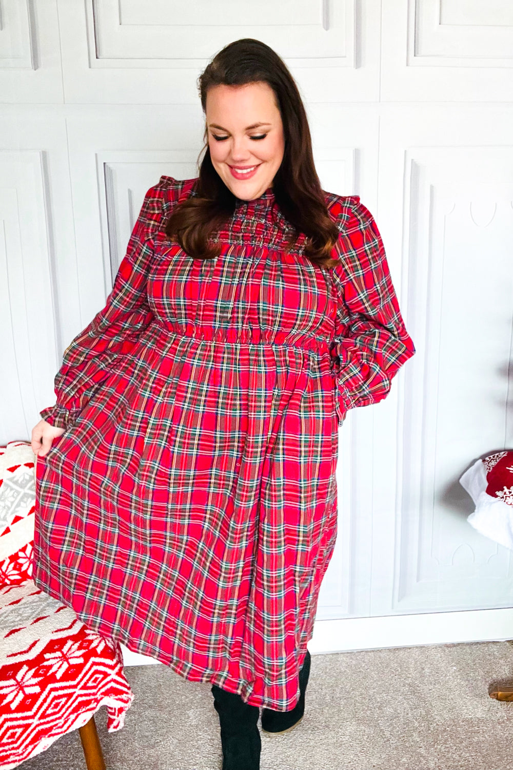 Hunter Red Plaid Check Woven Pocketed Dress for Women | Casual & Party Wear | Perfect for Fall, Winter & Holiday Outfits
