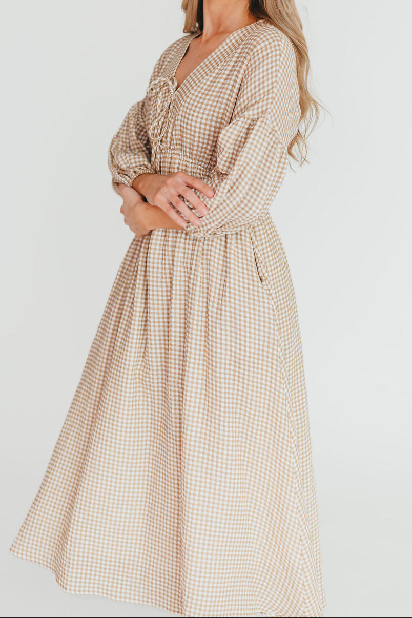 Hunter Printed Gauze Midi Dress in Natural Plaid - Bump Friendly Maternity Dress for Summer, Beach & Casual Wear