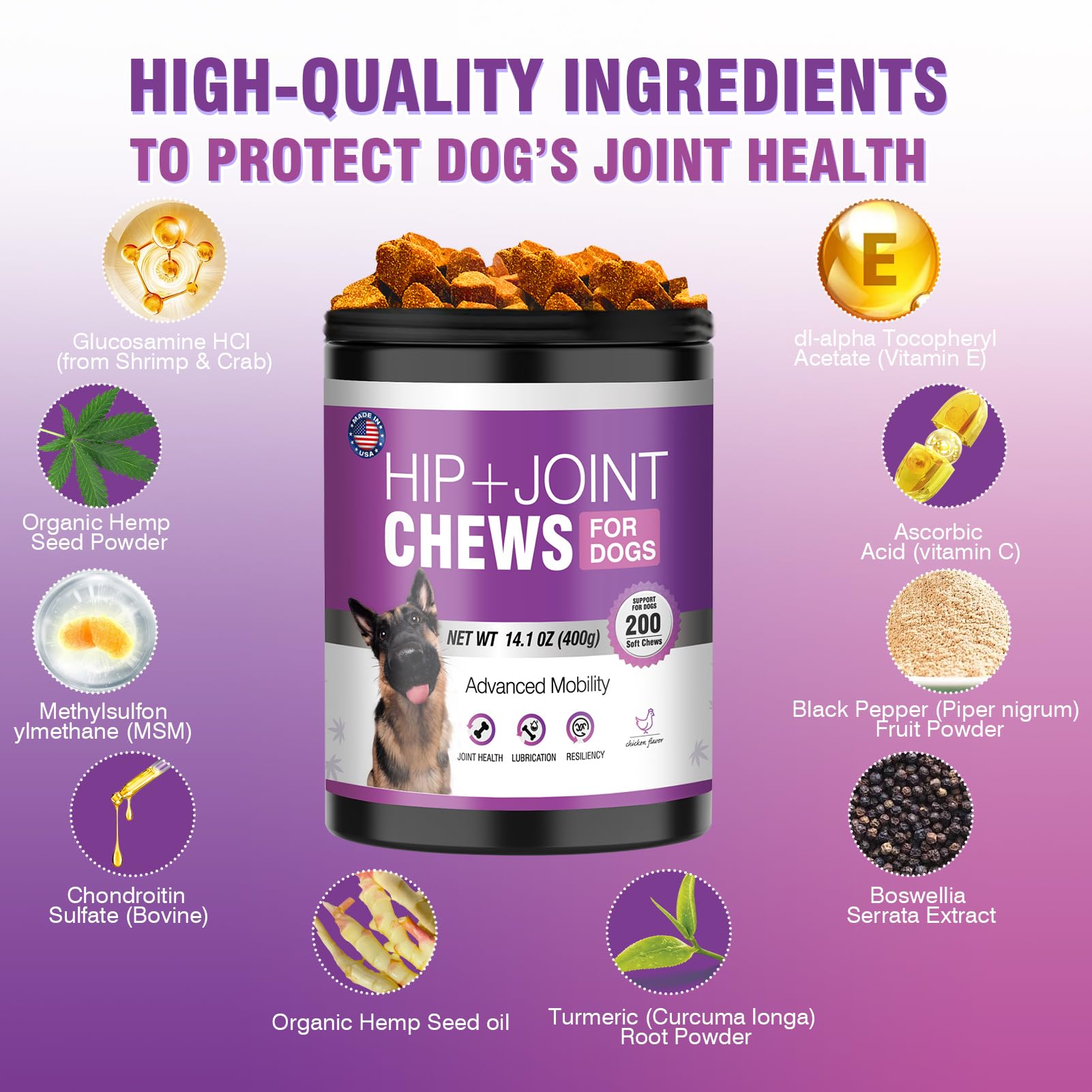 Glucosamine for Dogs - Hip & Joint Support Chews with Chondroitin, MSM & Hemp - Arthritis Pain Relief & Mobility Supplement for Small, Medium & Large Breeds - Ideal for Senior Dogs & Active Pets to Improve Joint Health & Comfort