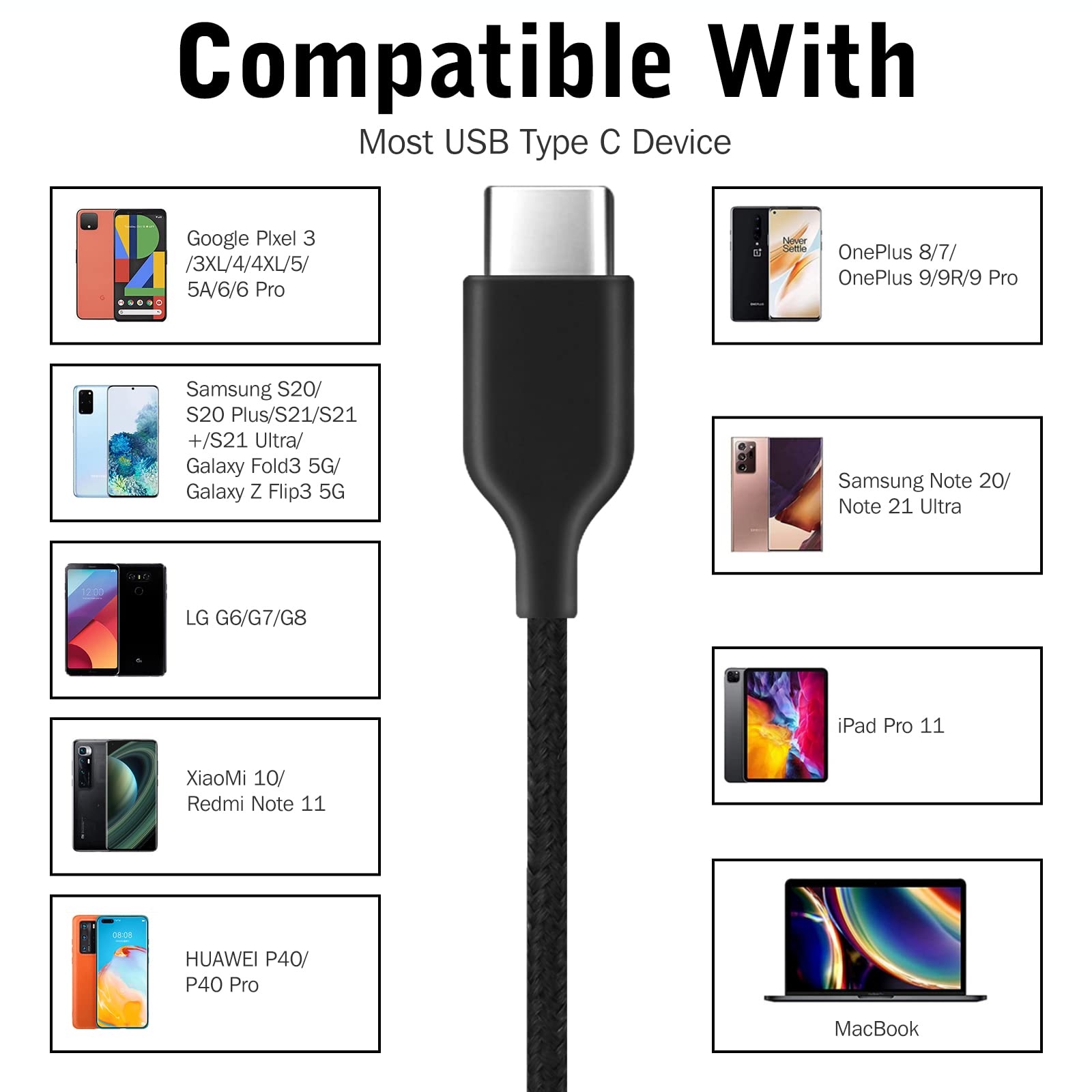 UrbanX OEM 2021 Type-C Stereo Headphones with Microphone - Braided Cable USB-C Headset for Huawei MatePad 5G - Black (US Version) - Perfect for Gaming, Music & Online Classes