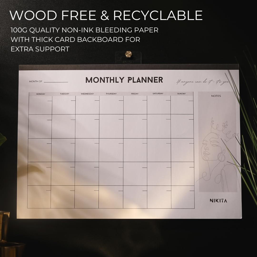 NIKITA Monthly Planner Pad - Undated A3 Wall Calendar (36 x 26cm) - 50 Tear-Off Sheets - Black & White Design - Home & Office Organization - Perfect for Family Planning, Work Schedules, and School Reminders