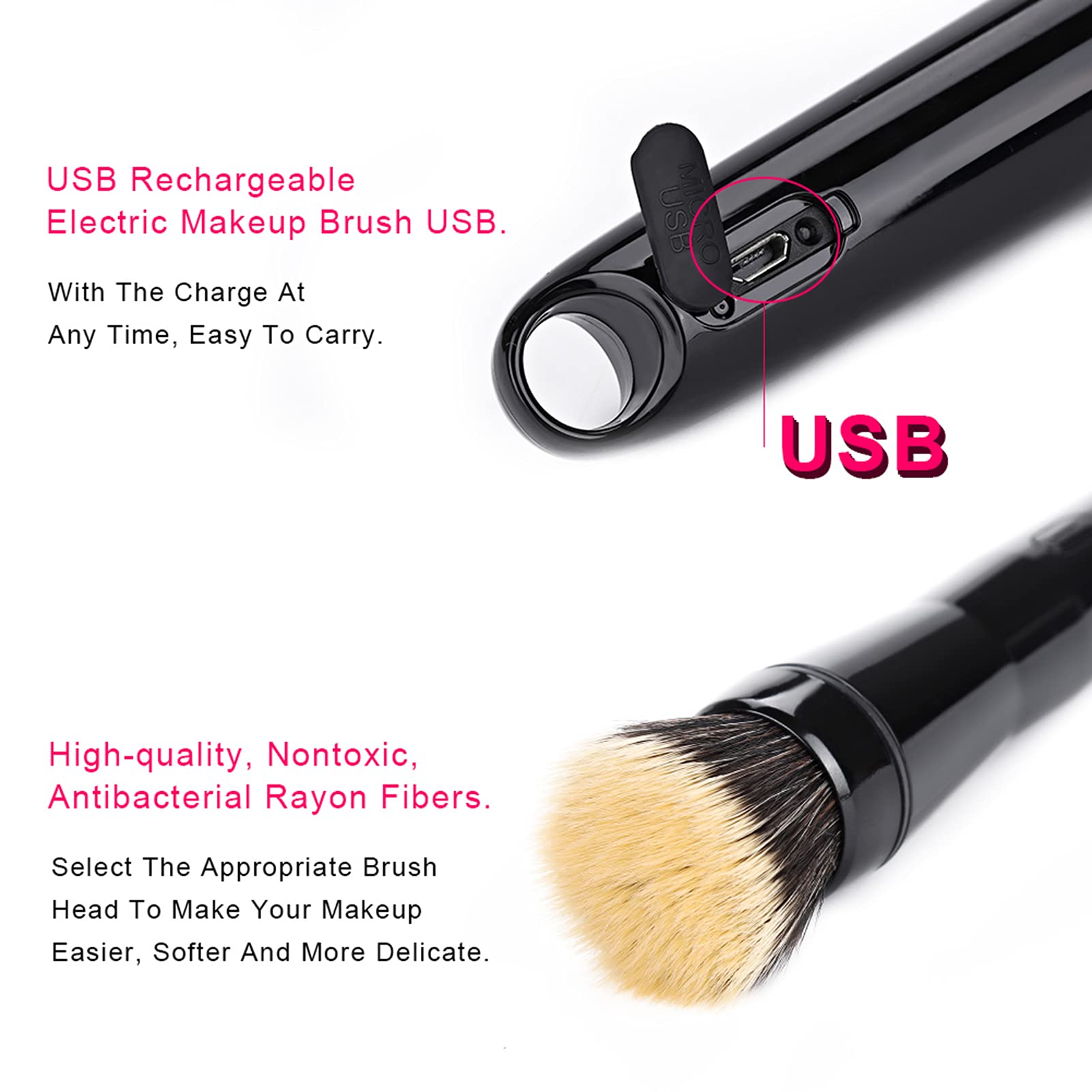 Electric Makeup Brush - Automatic Rotating Foundation & Blusher Brush with 2 Replaceable Heads, Rechargeable Vibrating Makeup Applicator for Flawless Blending | Perfect for Daily Makeup & Professional Use