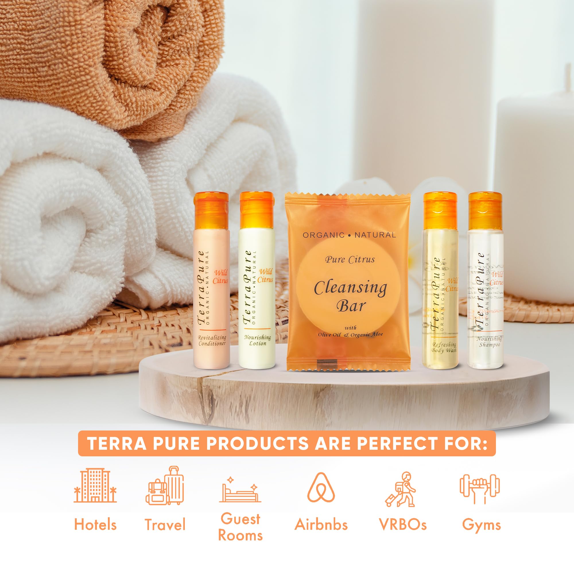 Terra Pure Wild Citrus Toiletries Set - 75 Piece Travel Amenities Kit with 1oz Shampoo, Conditioner, Body Wash, Lotion & Bar Soap | Perfect for Hotels, Spas, Gyms & Guest Bathrooms