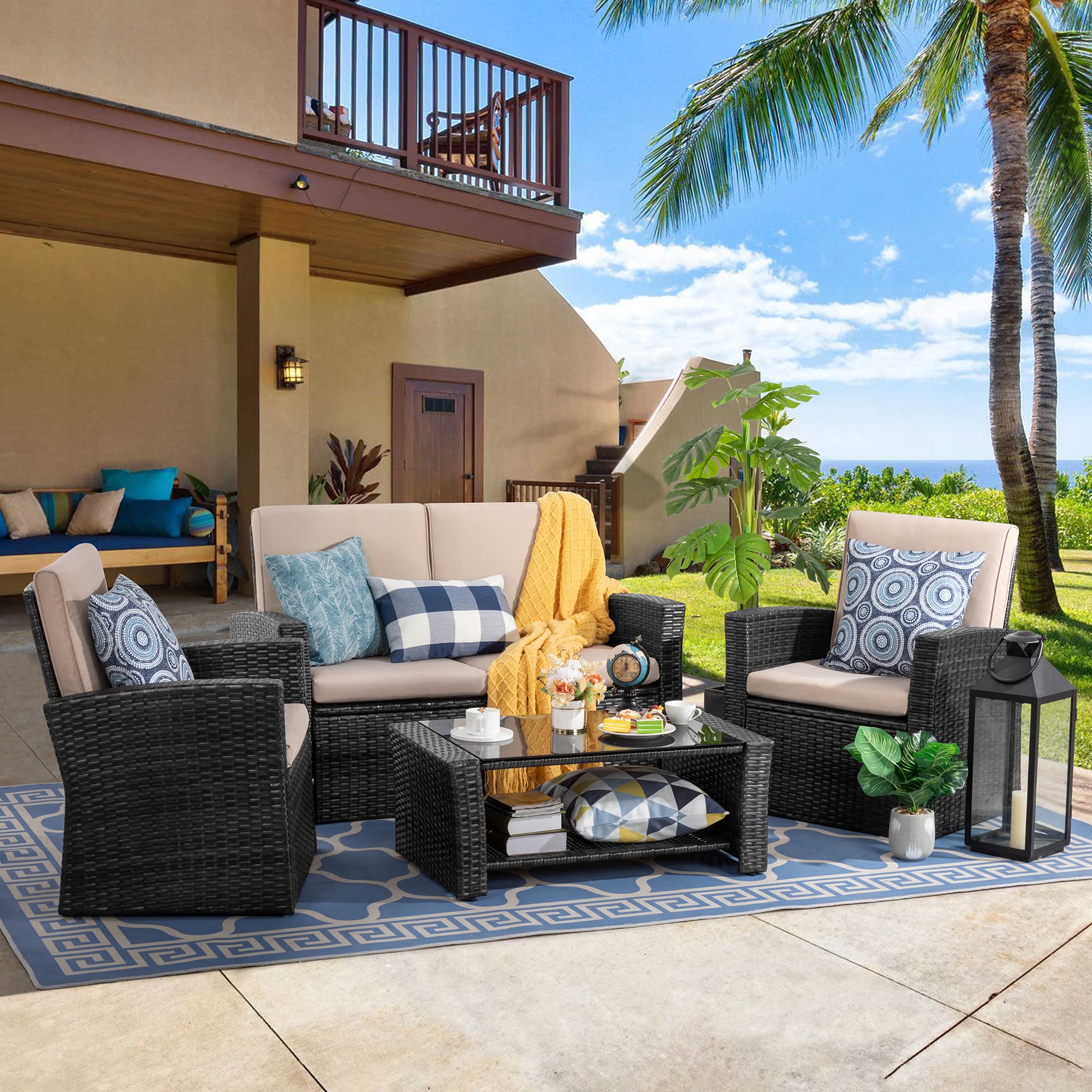 Shintenchi 4-Piece Outdoor Patio Furniture Set - All-Weather Wicker Rattan Sectional Sofa with Tempered Glass Coffee Table | Black | Perfect for Backyard, Garden, Poolside & Patio Relaxation