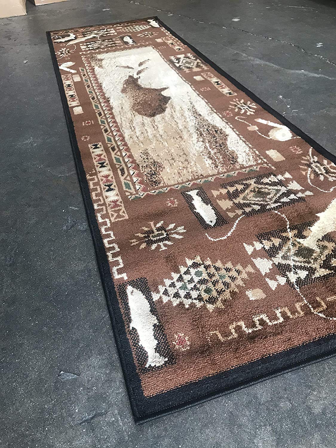 Champion Rugs Bear Fish Lodge Cabin Rustic Geometric Arrows Area Rug Carpet - 2' x 7' Runner in Tan Brown - Perfect for Cabin, Lodge, or Rustic Home Decor - Durable Floor Mat for Entryway, Hallway, or Bedroom