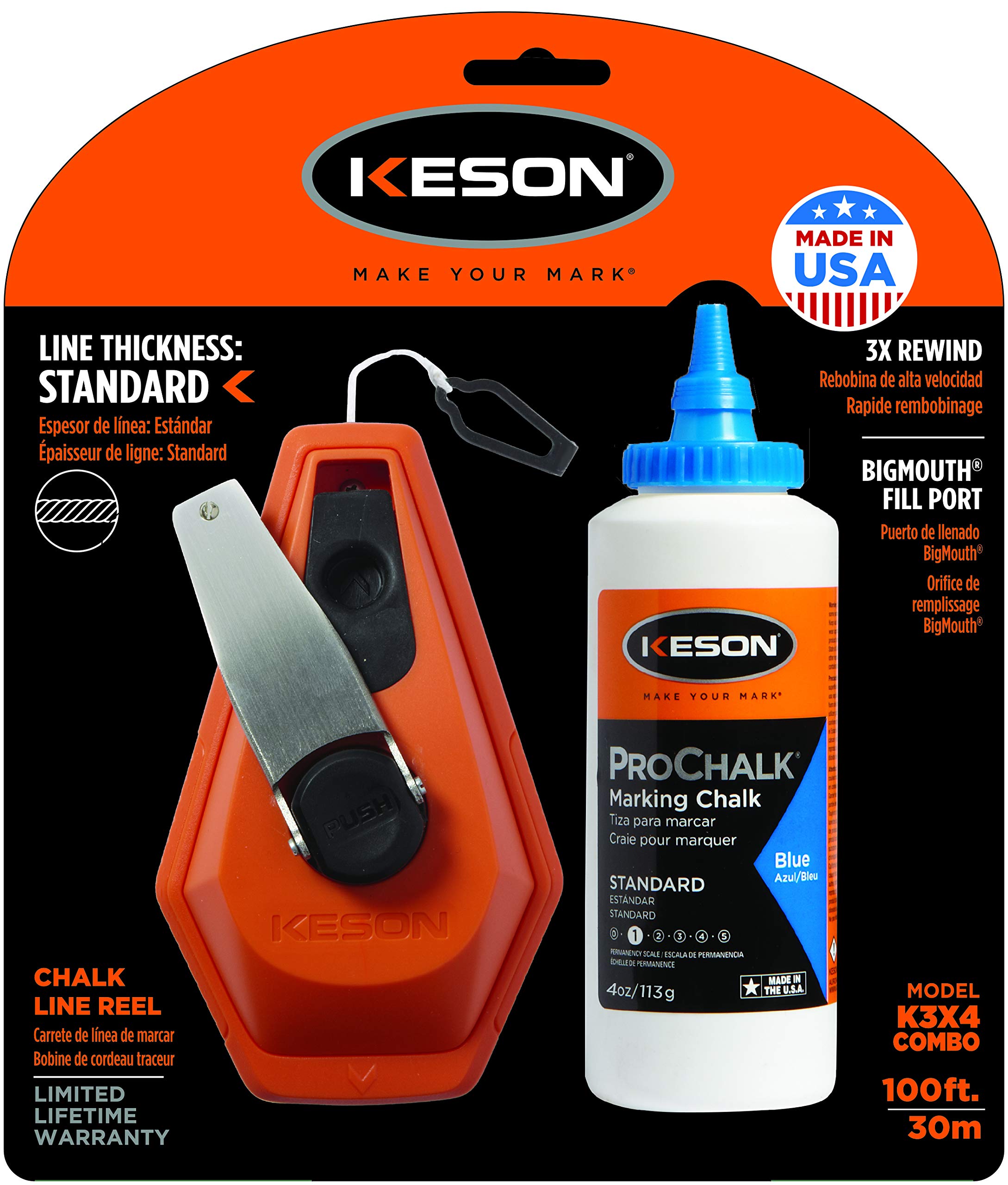 Keson K3X4B 3x1 Rewind Chalk Line Reel with 4oz Blue Chalk - 100ft Professional Measuring Tool for Construction, Carpentry & DIY Projects