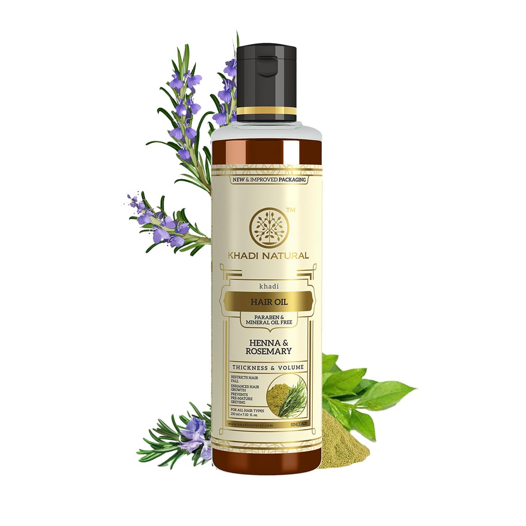 Khadi Natural Rosemary & Henna Hair Oil - Organic Hair Growth Treatment for Thick, Voluminous Hair | Controls Hair Fall & Premature Greying | Paraben-Free, Mineral Oil-Free | Suitable for All Hair Types (210ml) | Perfect for Daily Hair Care & Scalp Massage