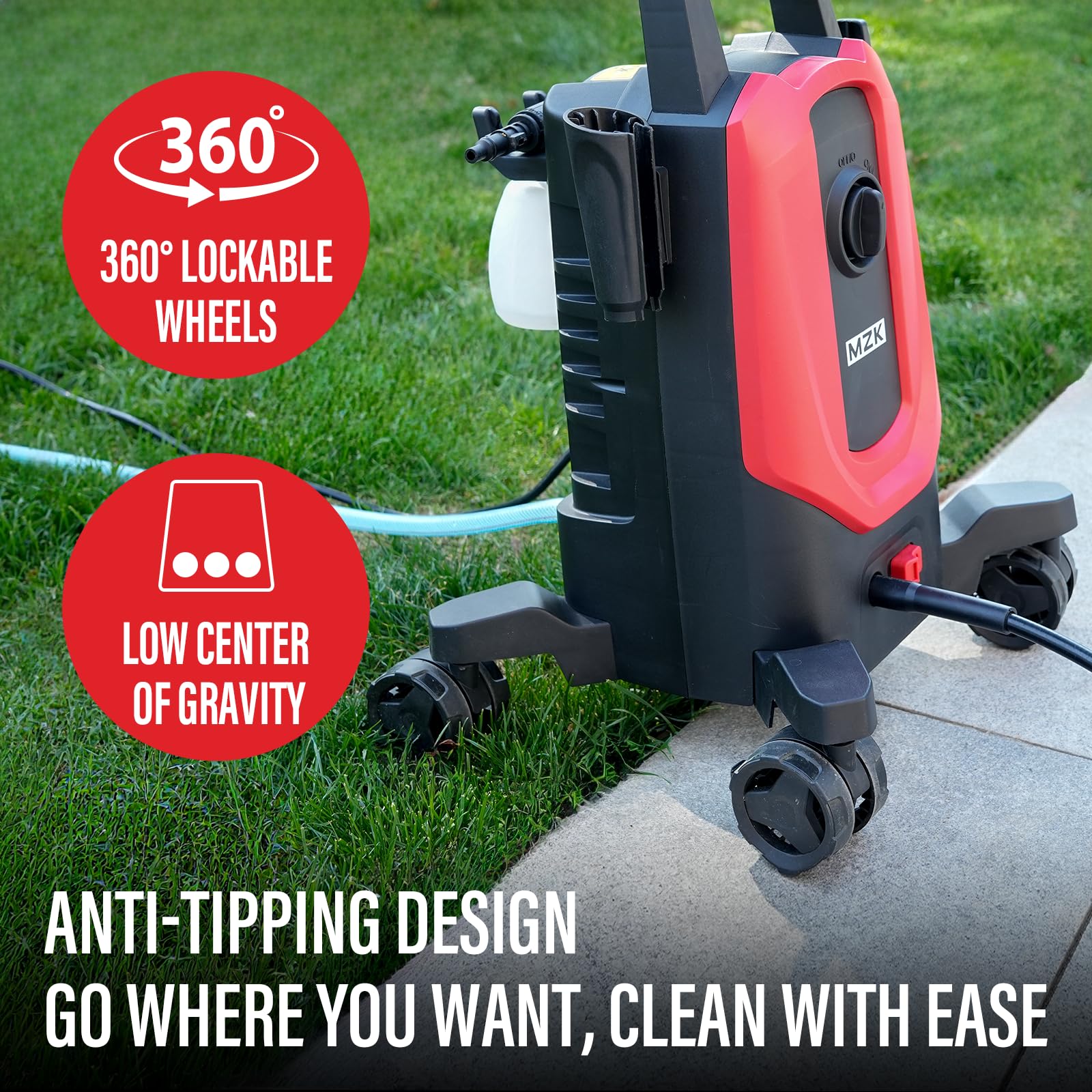 MZK 4500 PSI Electric Pressure Washer - 3.0 GPM High Power Washer with 360° Lockable Wheels, 4 Quick-Connect Nozzles & Foam Cannon - Ideal for Cleaning Cars, Fences, Driveways, Patios & Outdoor Surfaces