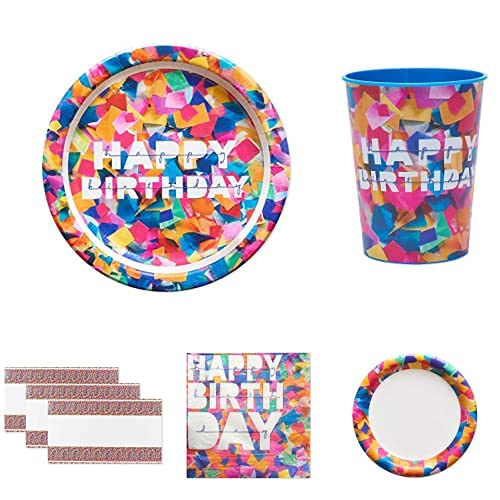 American Greetings Birthday Confetti Party Supplies Bundle - 36 Dinner Plates, 36 Dessert Plates, 8 Cups, 50 Napkins, 3 Table Covers (133 Pieces) - Perfect for Birthday Parties, Baby Showers & Celebrations