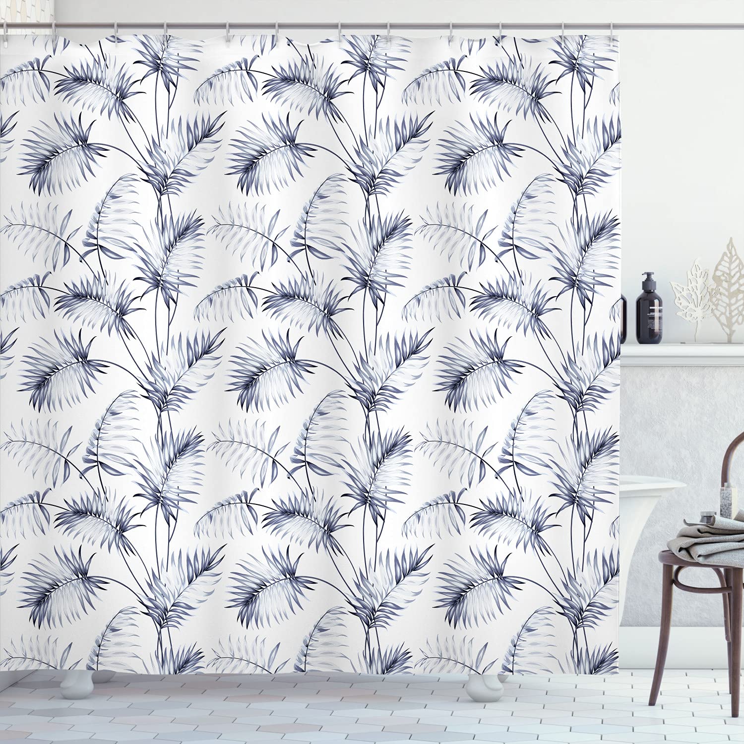 Ambesonne Tropical Palm Leaves Shower Curtain - Blue Grey Botanical Bathroom Decor with Hooks, 72
