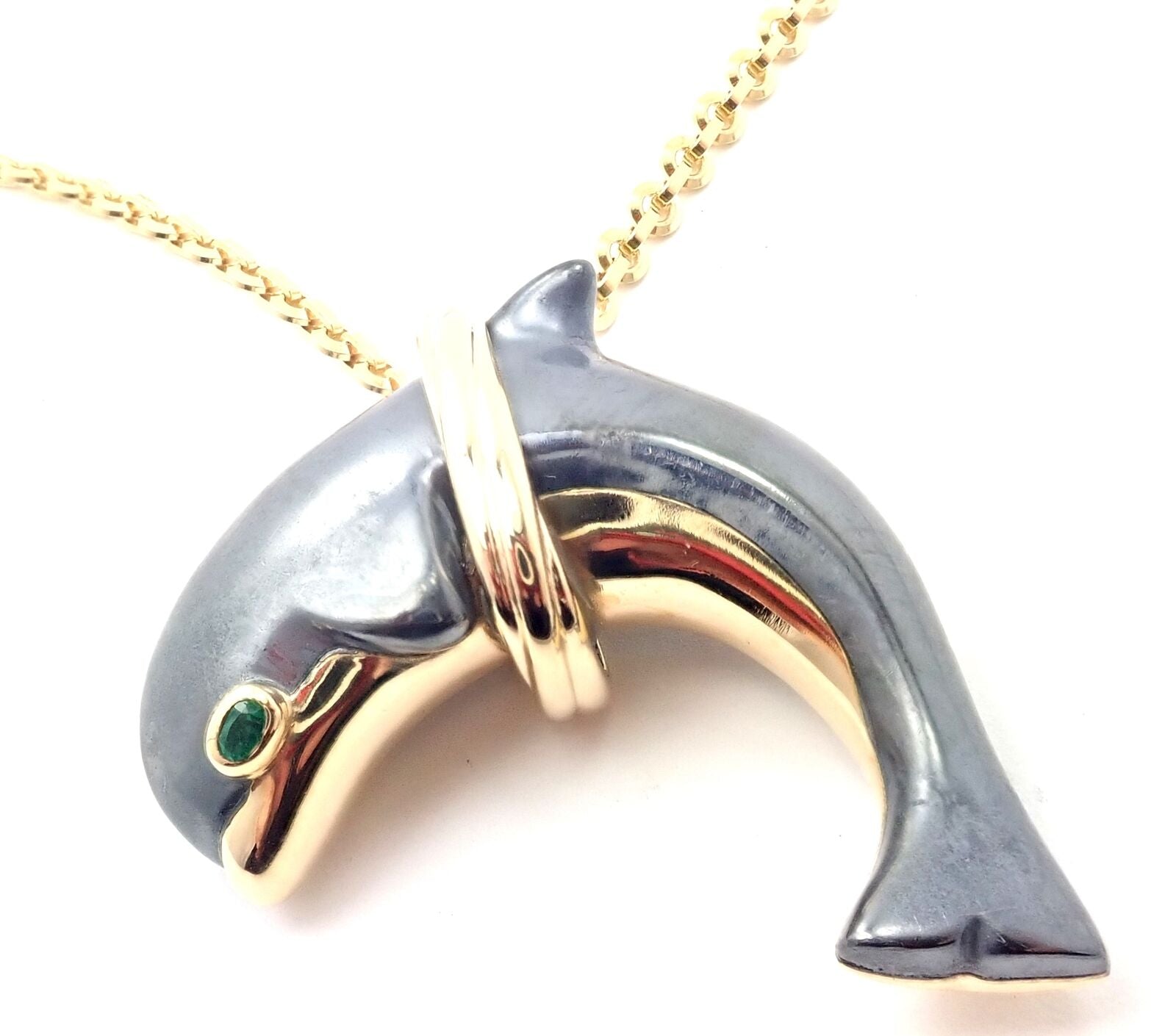 Authentic Cartier 18k Yellow Gold Hematite Dolphin Pendant Necklace - Luxury Jewelry Gift for Women, Perfect for Anniversary, Birthday & Special Occasions