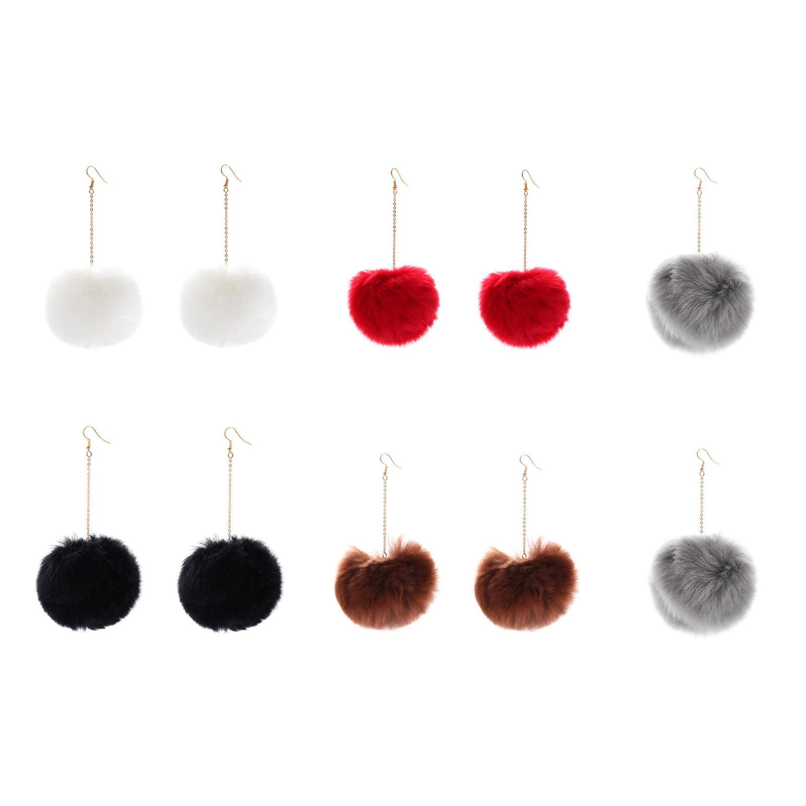 5-9 Pairs Faux Fur Pom Pom Earrings Set - Colorful Fluffy Round Ball Dangle Earrings with Gold Chain & Long Tassel - Trendy Winter Holiday Accessories for Women & Girls - Perfect for Valentine's Gifts, Christmas Parties & Casual Outfits