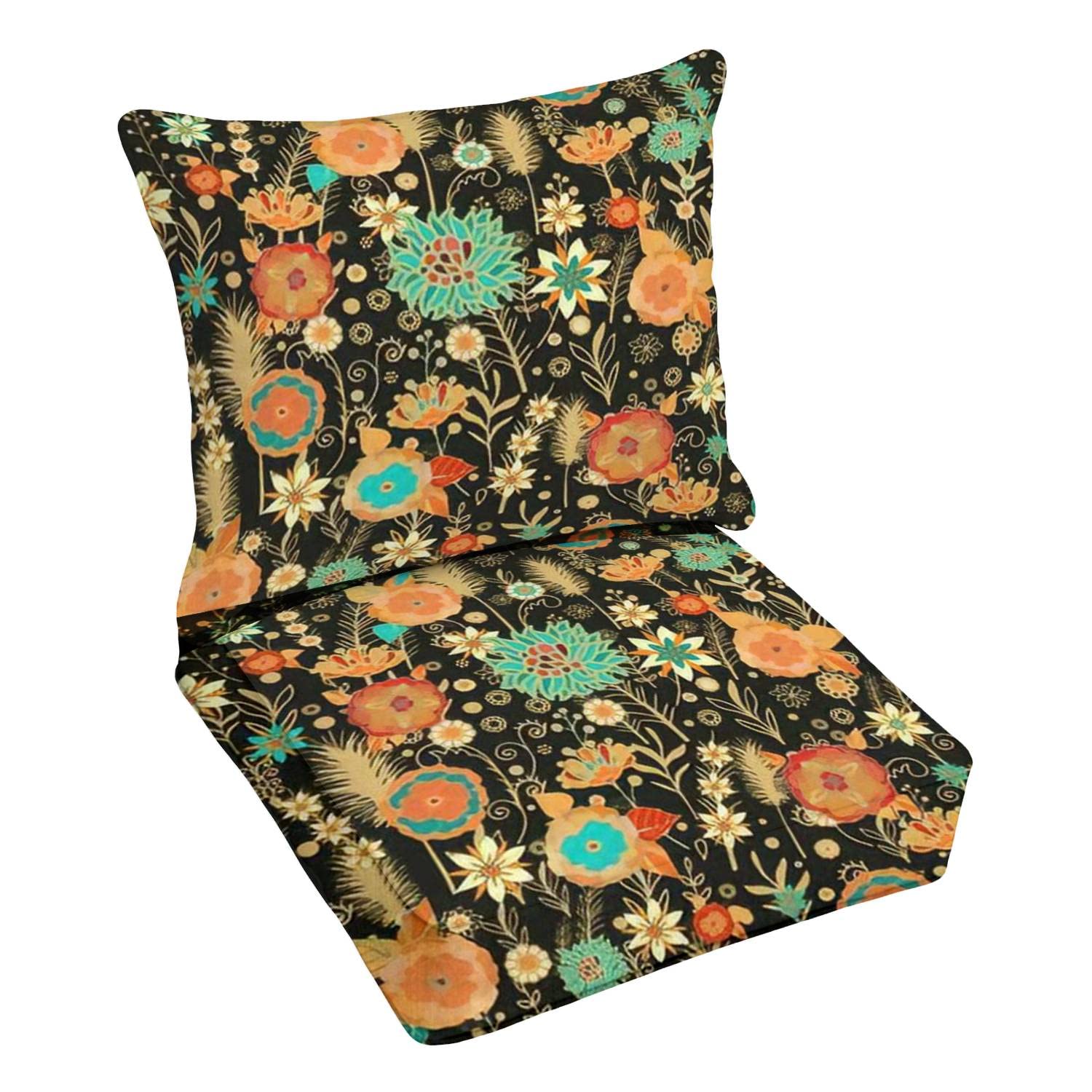 Premium Outdoor Deep Seating Cushion Set - Seamless Floral Design with Stylized Daisy, Lily & Dahlia Flowers - Replacement Cushions for Patio Furniture & Lounge Chairs - Perfect for Garden, Poolside & Outdoor Conversation Areas