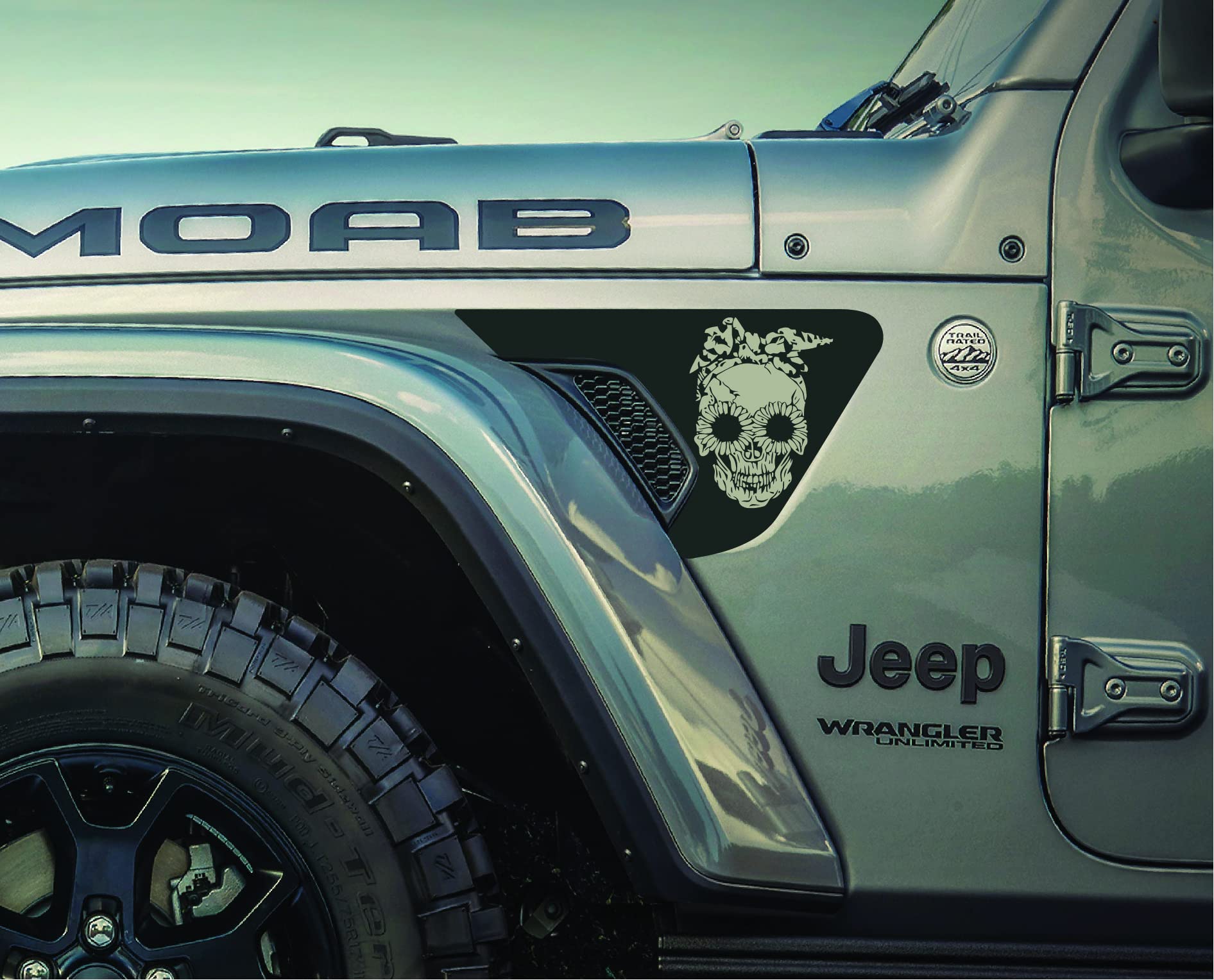 Sunflower Skull Vinyl Decal Sticker for Jeep Wrangler JL & Gladiator JT (2018+) - Custom Color Options - Unique Car Accessory for Off-Road Enthusiasts & Jeep Lovers