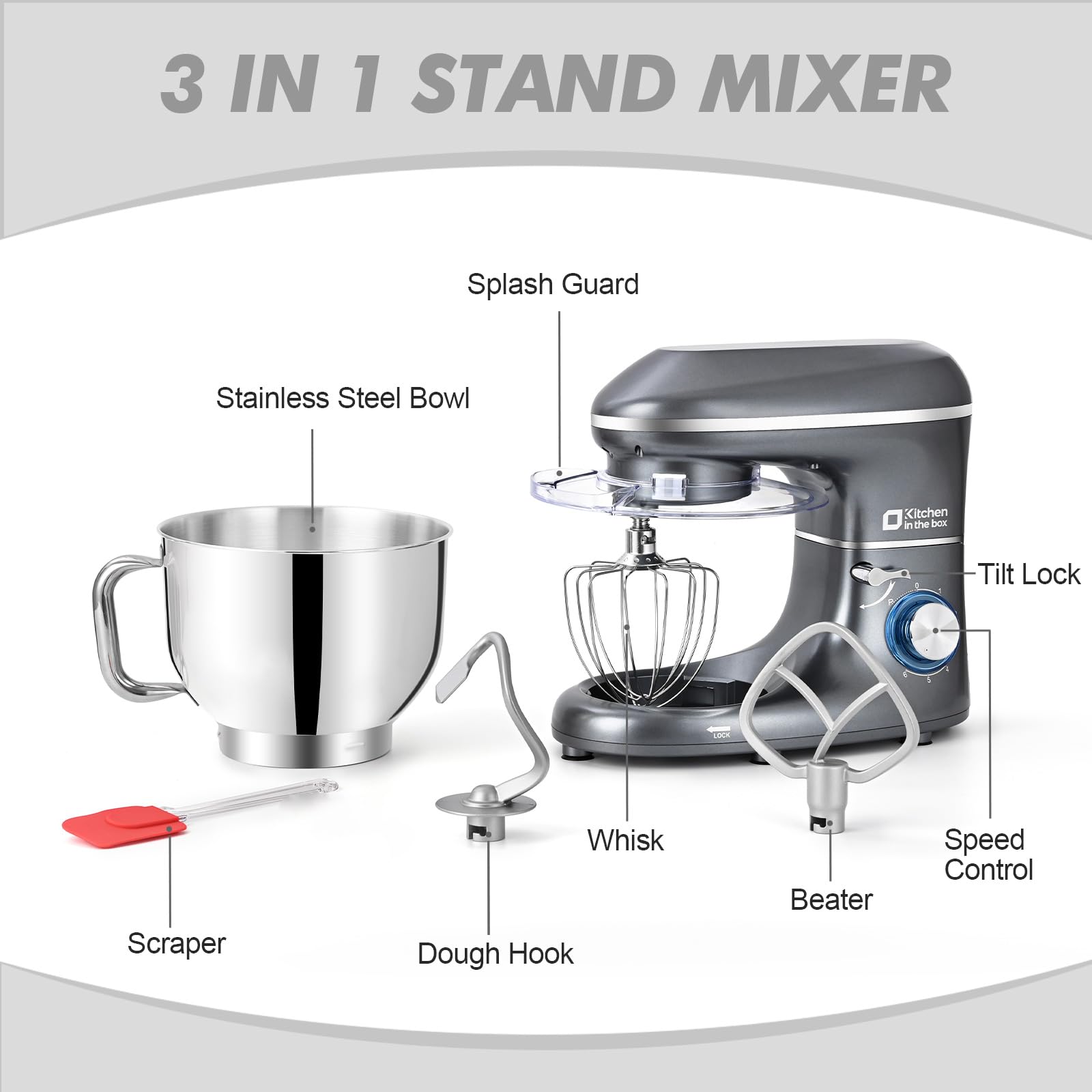 6.5QT 660W Stand Mixer - 6-Speed Tilt-Head Electric Kitchen Mixer with Dough Hook, Wire Whip & Beater | Dishwasher Safe | Perfect for Baking, Cooking & Mixing Dough (Grey)