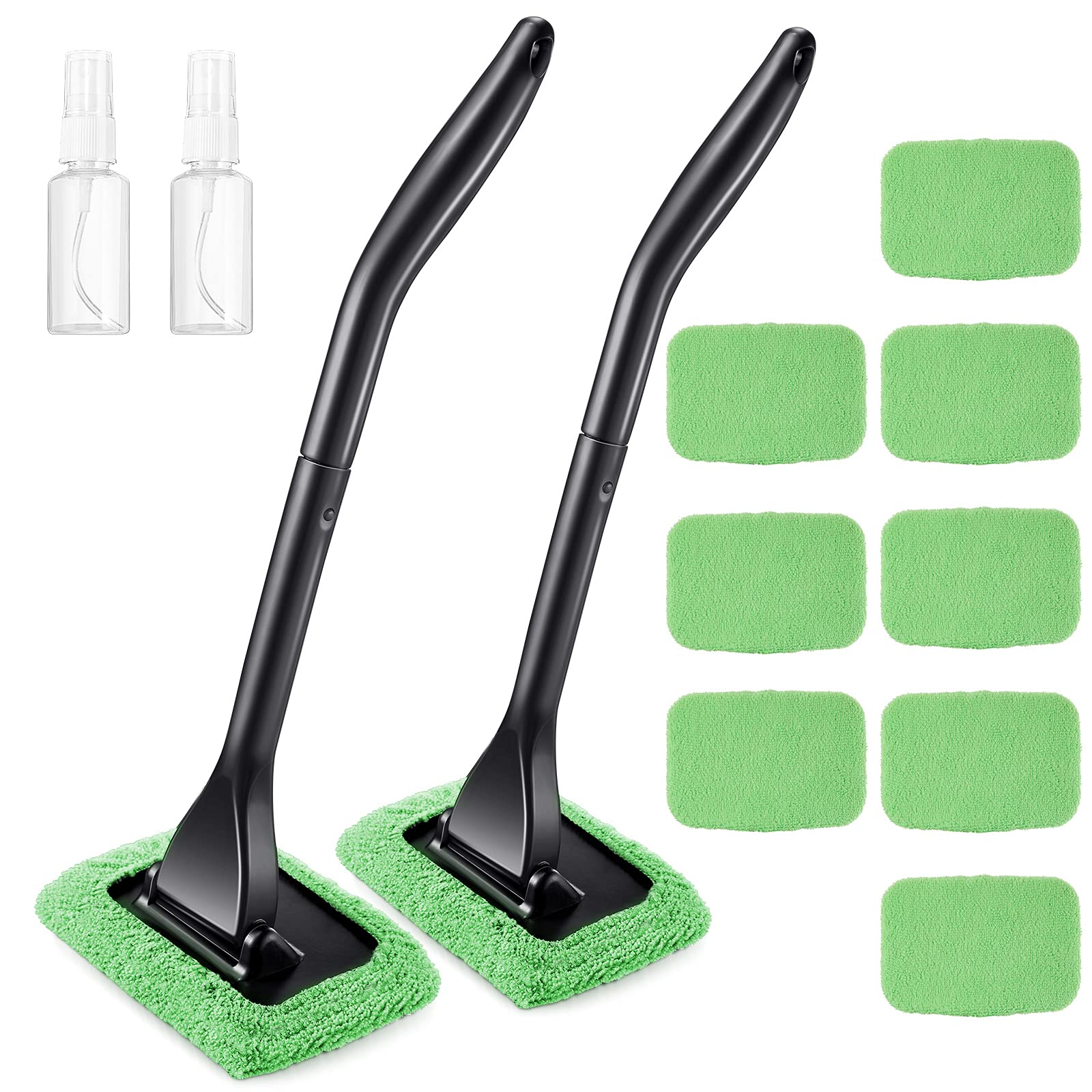 2 Pack Windshield Cleaning Kit - Extendable Car Window Cleaner with Detachable Handle, 8 Reusable Microfiber Pads & 2 Spray Bottles for Auto Glass & Interior Cleaning - Perfect for Cars, Trucks, RVs (Green)