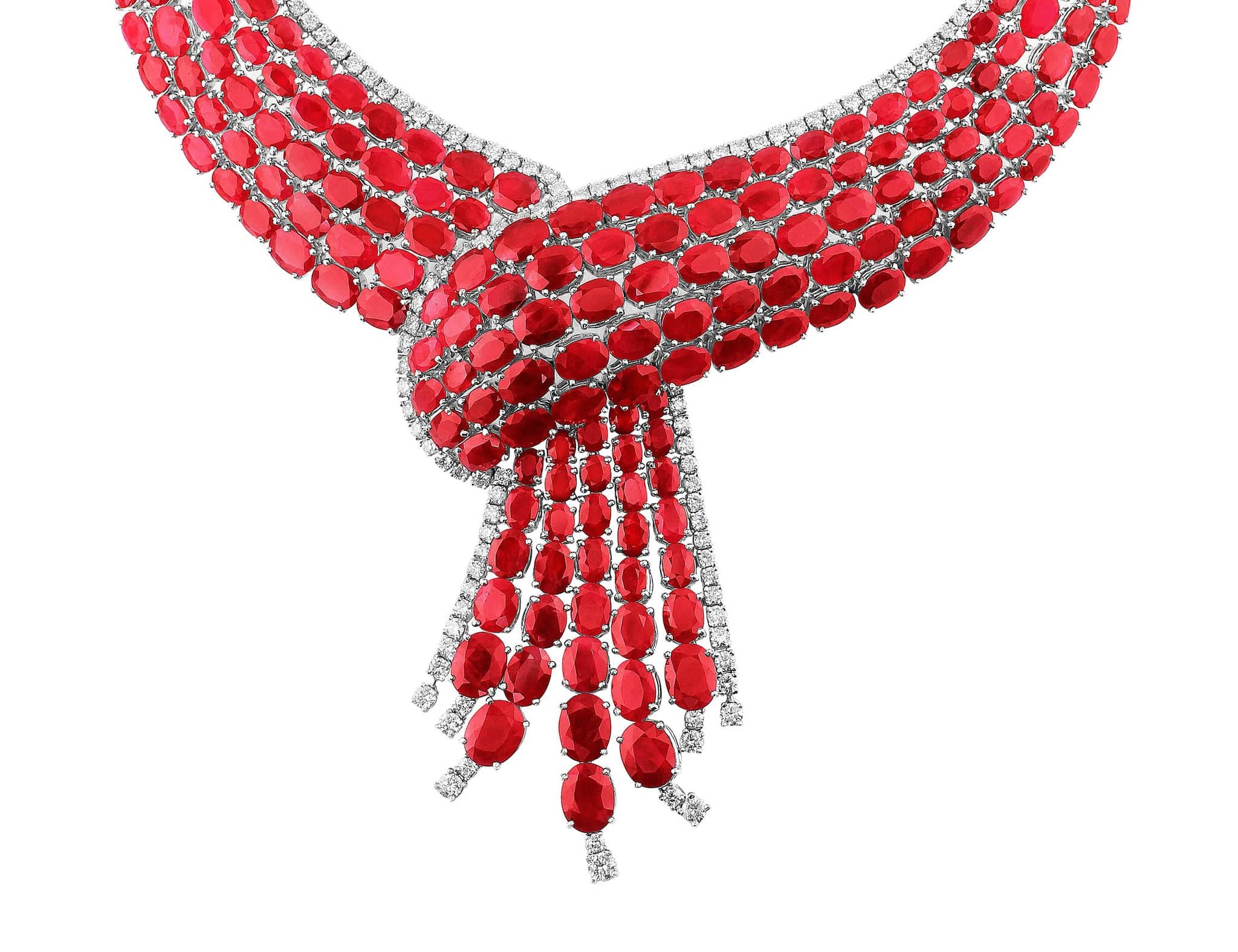 18K White Gold 2.04ct Ruby and Diamond Cravat Necklace for Women - Elegant Statement Jewelry for Weddings, Parties & Special Occasions