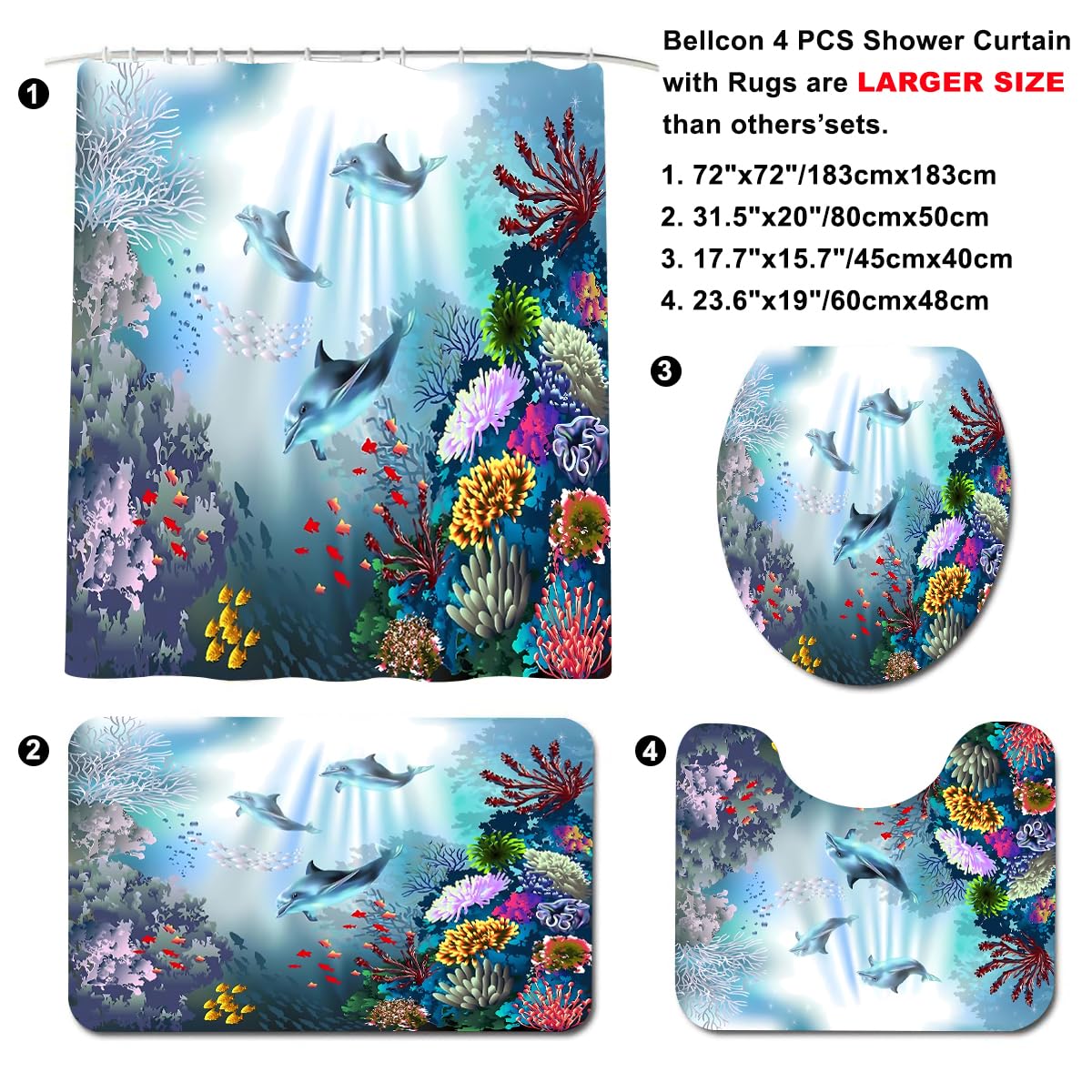 Bella Ocean Coral Reef and Wildlife Shower Curtain Set with Bath Rugs & Accessories - Waterproof Polyester Fabric & Memory Foam - Tropical Beach Theme Printed Bathroom Decor for Coastal, Nautical or Vacation Home Style