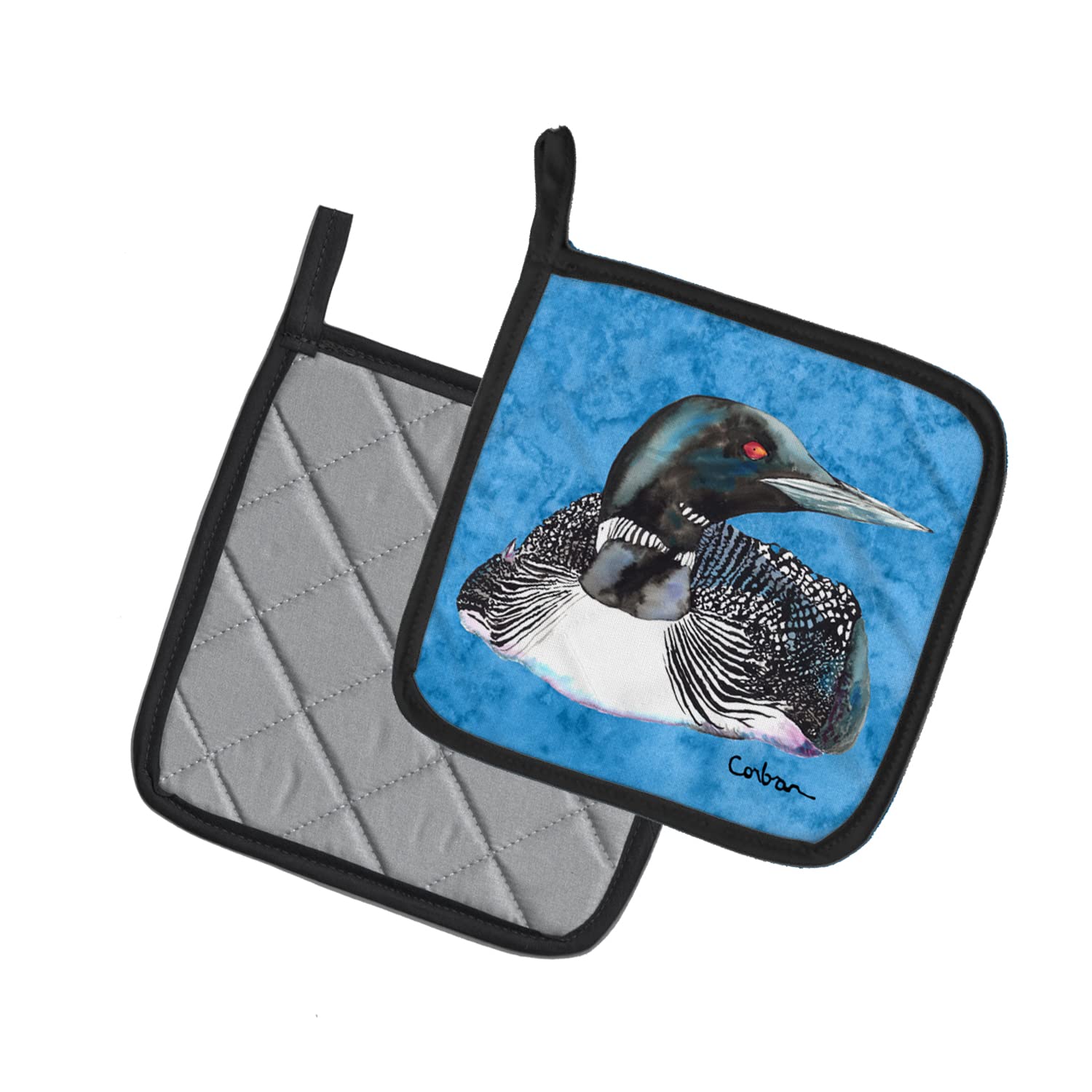 Caroline's Treasures 8717PTHD Heat Resistant Pot Holders Set - 7.5x7.5 Inch Oven Mitts for Cooking, Baking & BBQ - Loon Design Kitchen Hot Pads for Stovetop, Grilling and Baking Protection