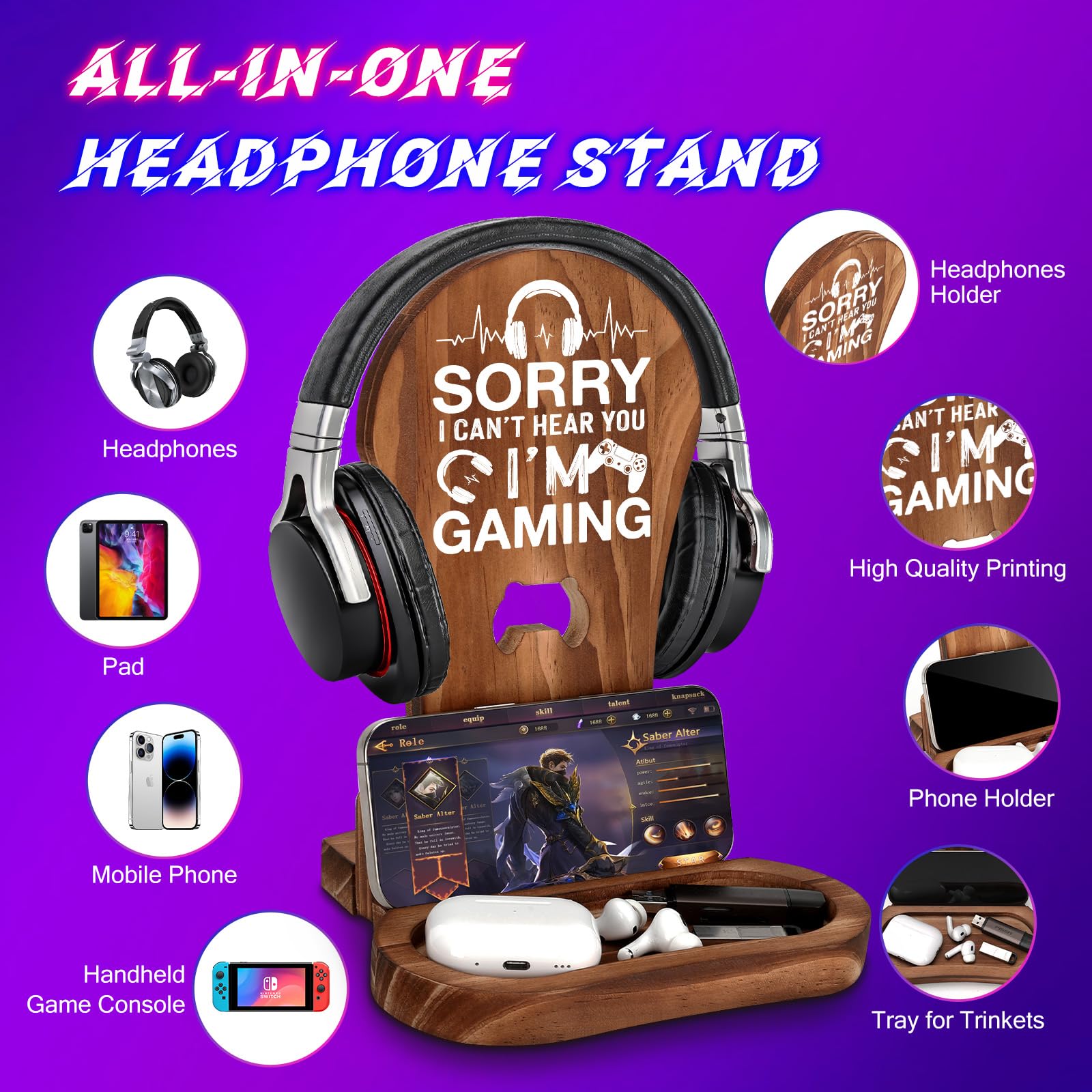 Premium Wooden Gaming Headset Stand - Perfect Gamer Gift for Teen Boys, Men, Boyfriends & Husbands - Gaming Room Decor & Headphone Holder - Ideal for PC, PS5, Xbox Setup - 'Sorry I Can't Hear You I'm Gaming' Funny Gift