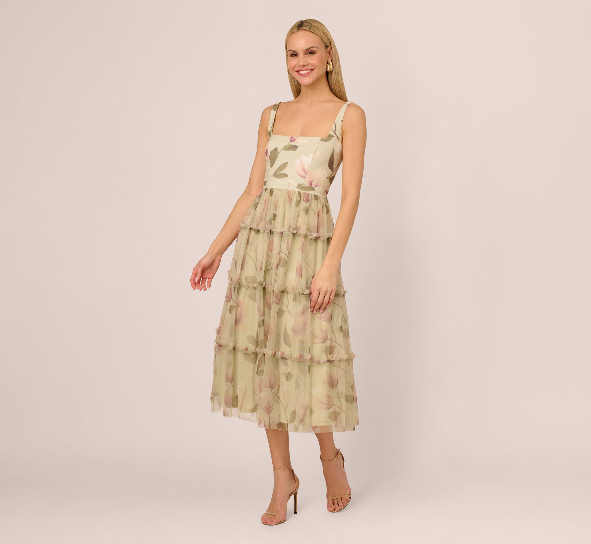 Floral Print Square Neck Sleeveless Tiered Midi Dress - Green Multi Color Summer Dress for Beach Vacation, Garden Party & Casual Outings