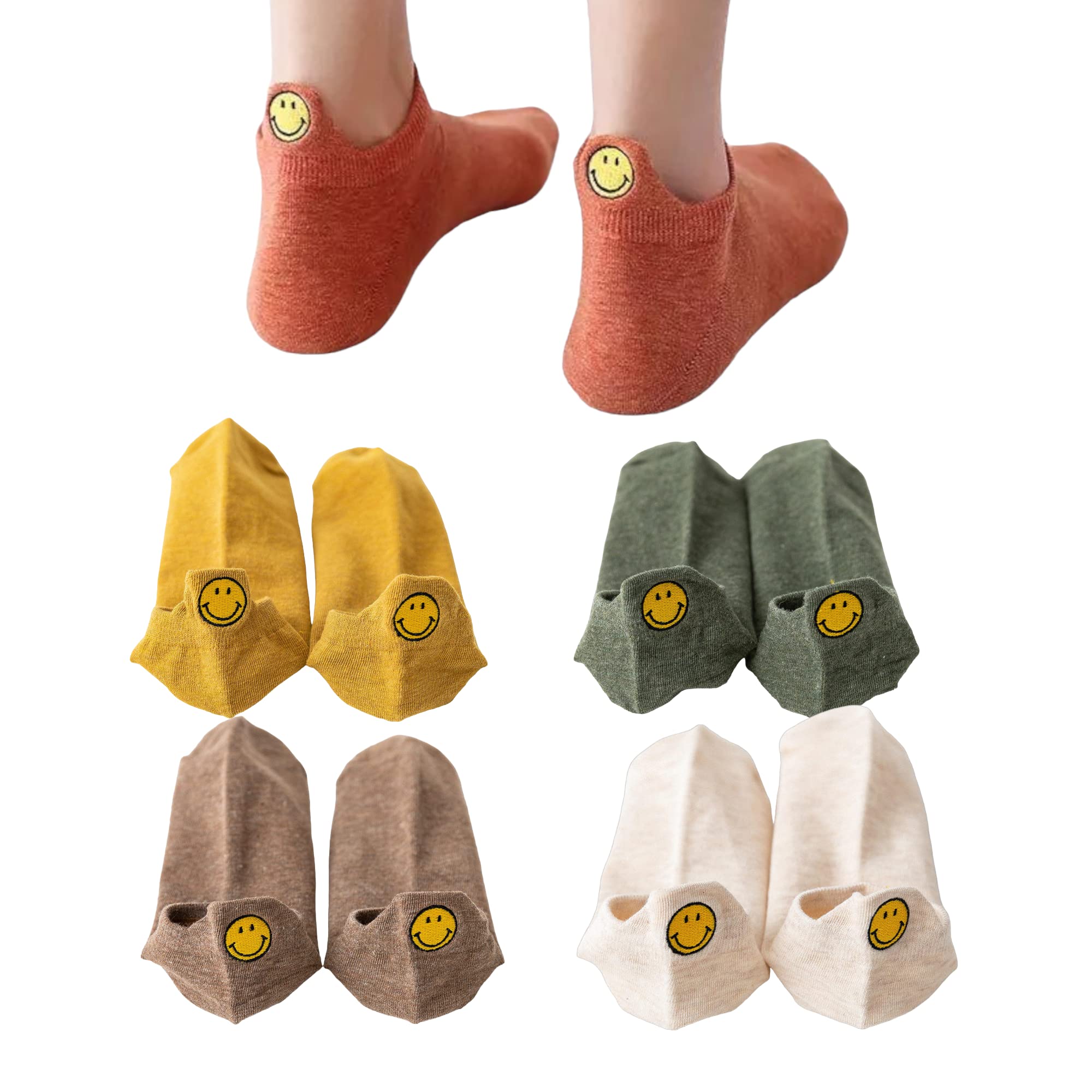 Happy Face Socks for Women - 5 Pairs Smiley Emoji Embroidered Low Ankle Socks Set | Cute Preppy Novelty Kawaii Gift | Perfect for Casual Wear, Gifts & Cheerful Outfits
