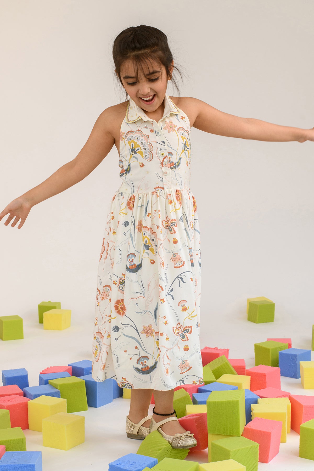 Floral Print Embroidered Collar Dress for Girls - Sunset at Lisse Design | Perfect for Spring Outfits, Birthday Parties & Family Photos
