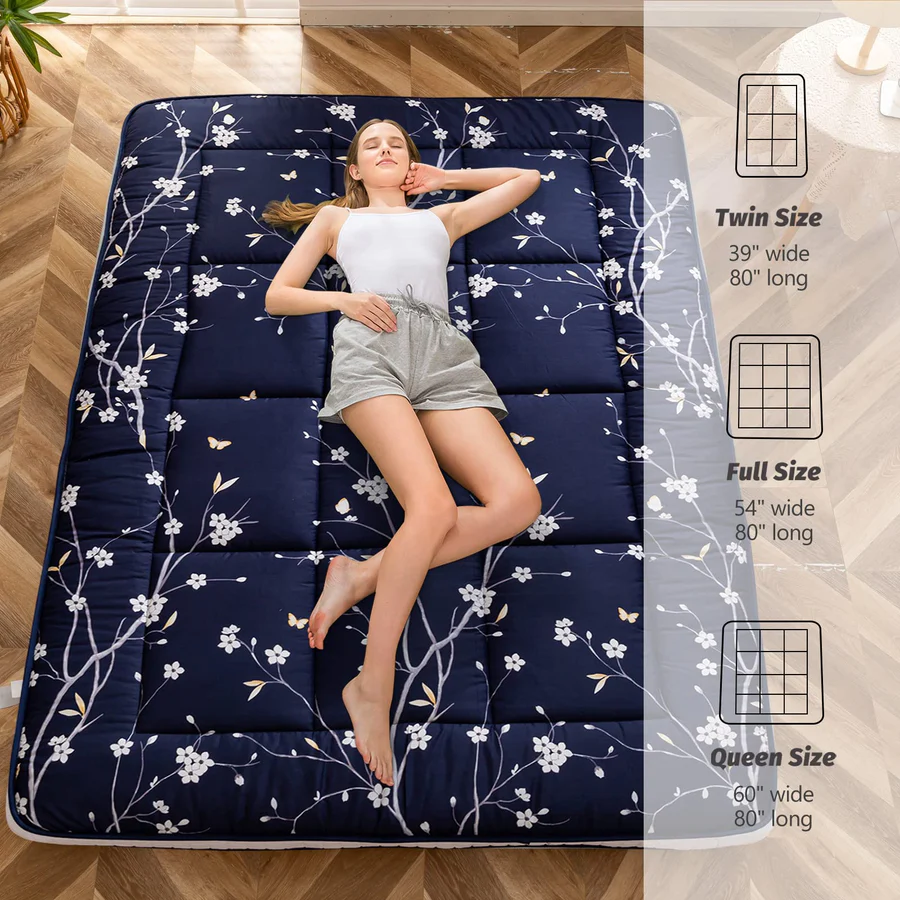 MAXYOYO Padded Japanese Floor Mattress - Floral Printed Futon Mattress & Folding Sleeping Pad for Guest Bed, Camping, Yoga & Meditation | Comfortable Floor Cushion for Small Spaces