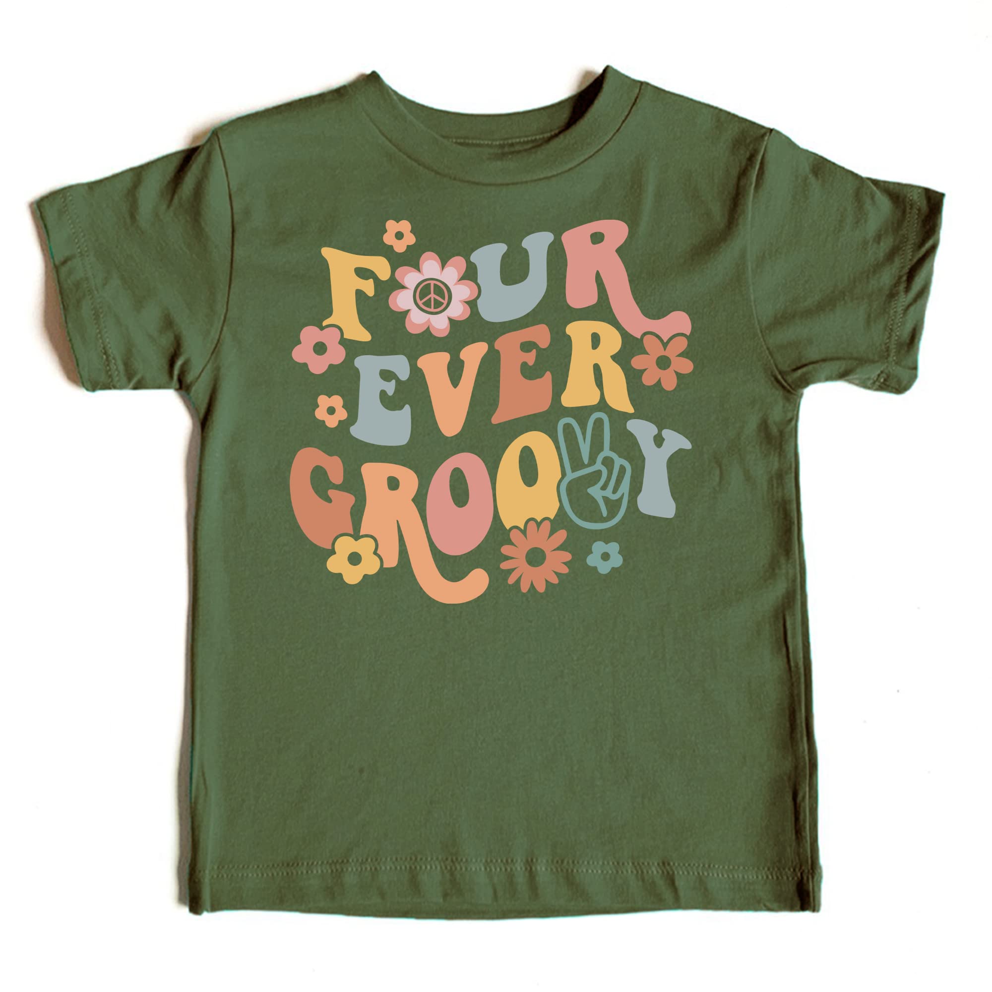 Adorable 4th Birthday Outfit for Girls - Four Ever Groovy Daisy Toddler Shirt in Military Green (4T) | Perfect for Birthday Parties, Photo Shoots & Special Celebrations
