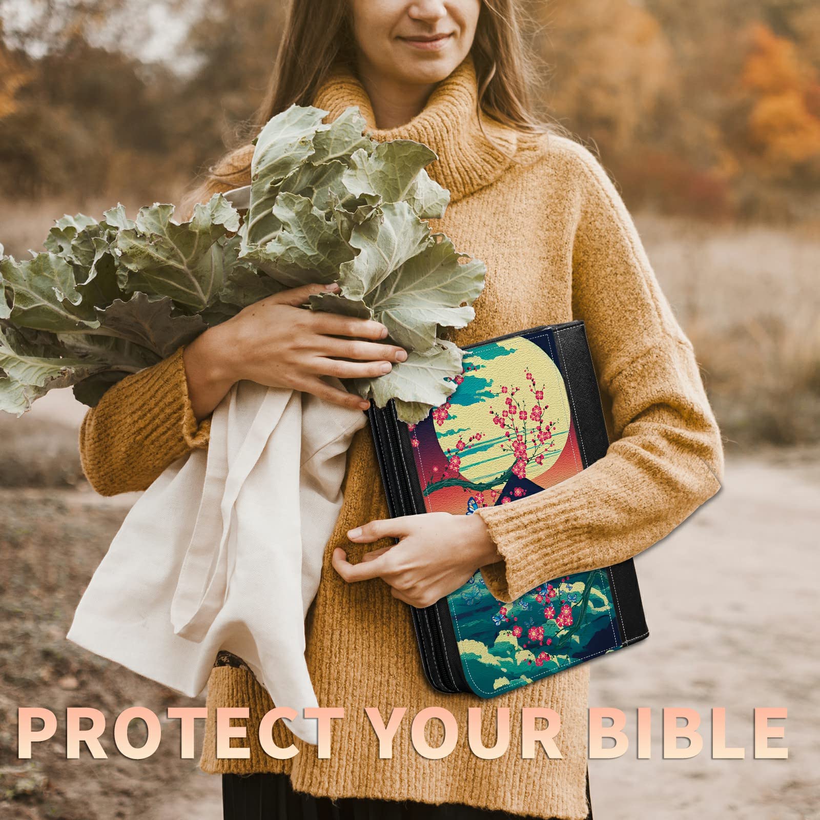 Landscape Sakura Bible Cover with 2 Heart Corner Page Bookmarks - Large Zippered Bible Protector Case with Handle, Inner Pockets & Tote Bag - Perfect Christian Gift for Men & Women - Ideal for Church, Bible Study & Travel