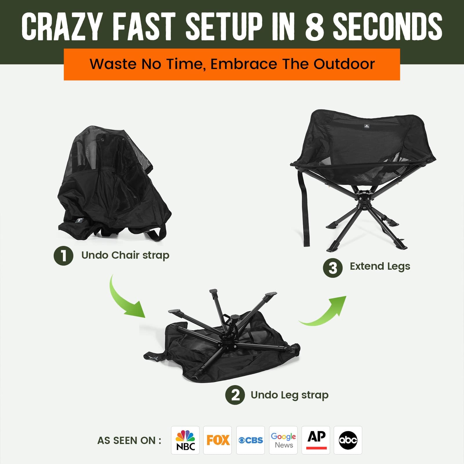 Upgraded Swivel Portable Folding Chair - Compact & Lightweight Collapsible Chair for Adults, Sets Up in 8 Seconds, Supports 300 lbs - Perfect for Camping, Travel, Hiking, Beach, Picnics, Backyard & Outdoor Events