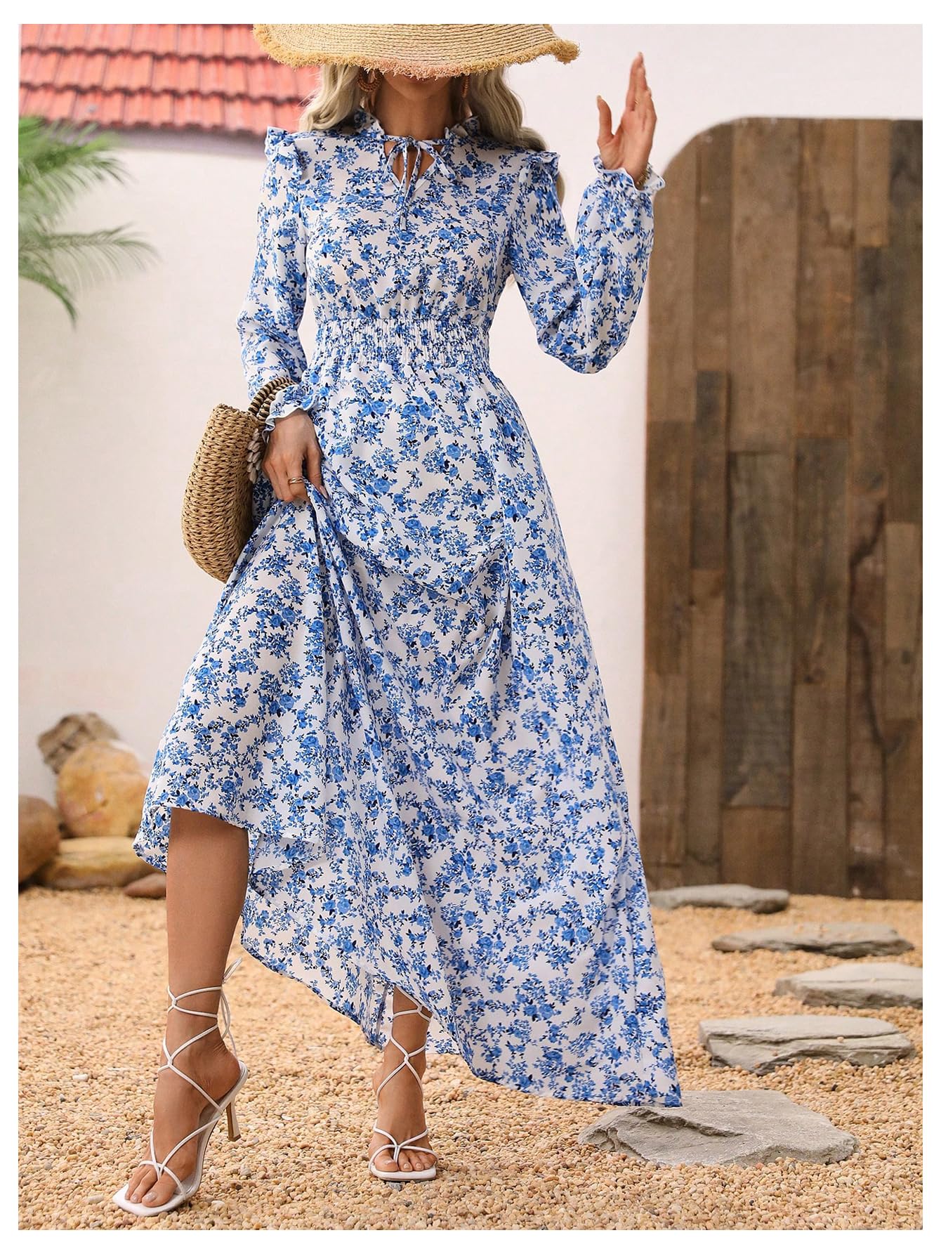 MakeMeChic Women's Floral Print Maxi Dress 2025 - Long Sleeve, Frill Trim & Shirred Design for Spring - Perfect for Weddings, Parties & Casual Outings