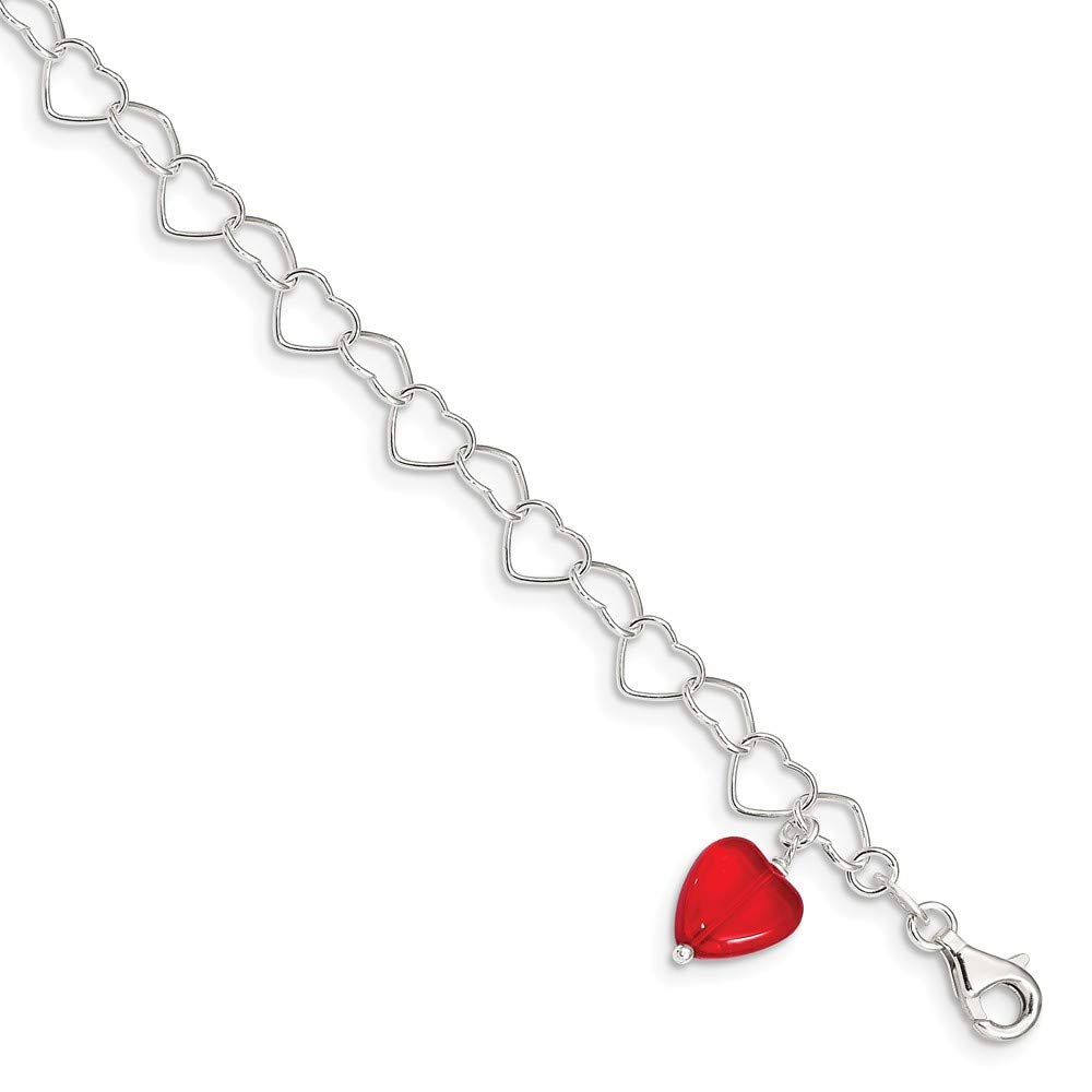 Jewels By Lux Sterling Silver Red Synthetic Crystal Heart Link Anklet - Elegant Ankle Bracelet for Women, Perfect for Valentine's Day Gifts, Date Nights & Special Occasions