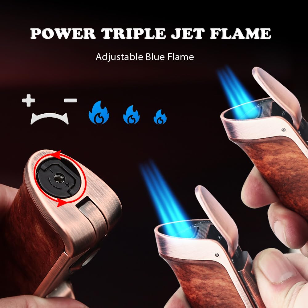 HONEST Triple Jet Torch Lighter with Visible Gas Window - Refillable, Adjustable Flame, Built-in Punch - Perfect for BBQ, Kitchen, Fireplace & Candle Lighting - Great Gift for Men (Brown Wrap)
