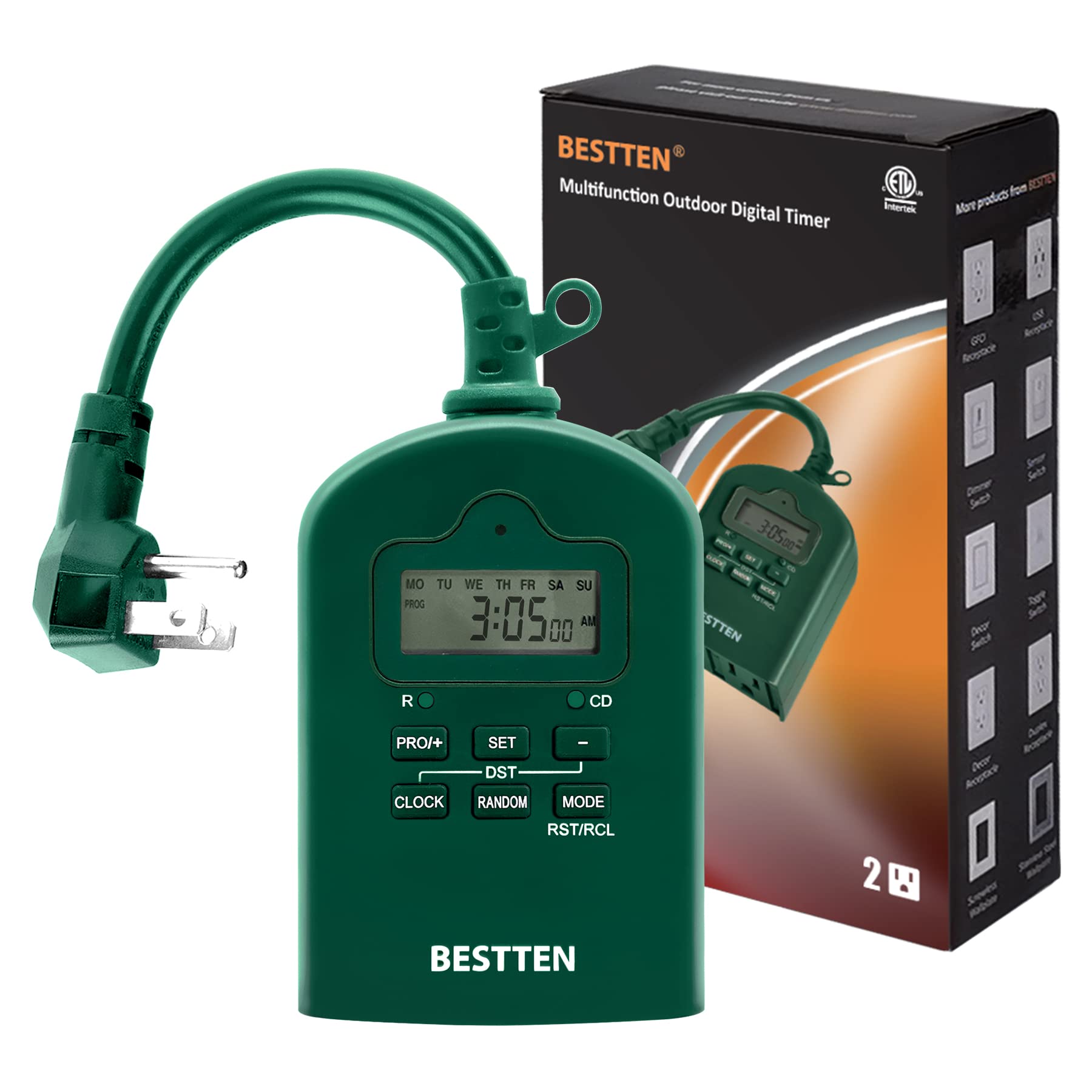 BESTTEN 7-Day Outdoor Digital Programmable Timer with Clock - Dual Grounded Outlets, Weatherproof, ETL Certified - Perfect for Garden Lights, Holiday Decorations & Pool Equipment