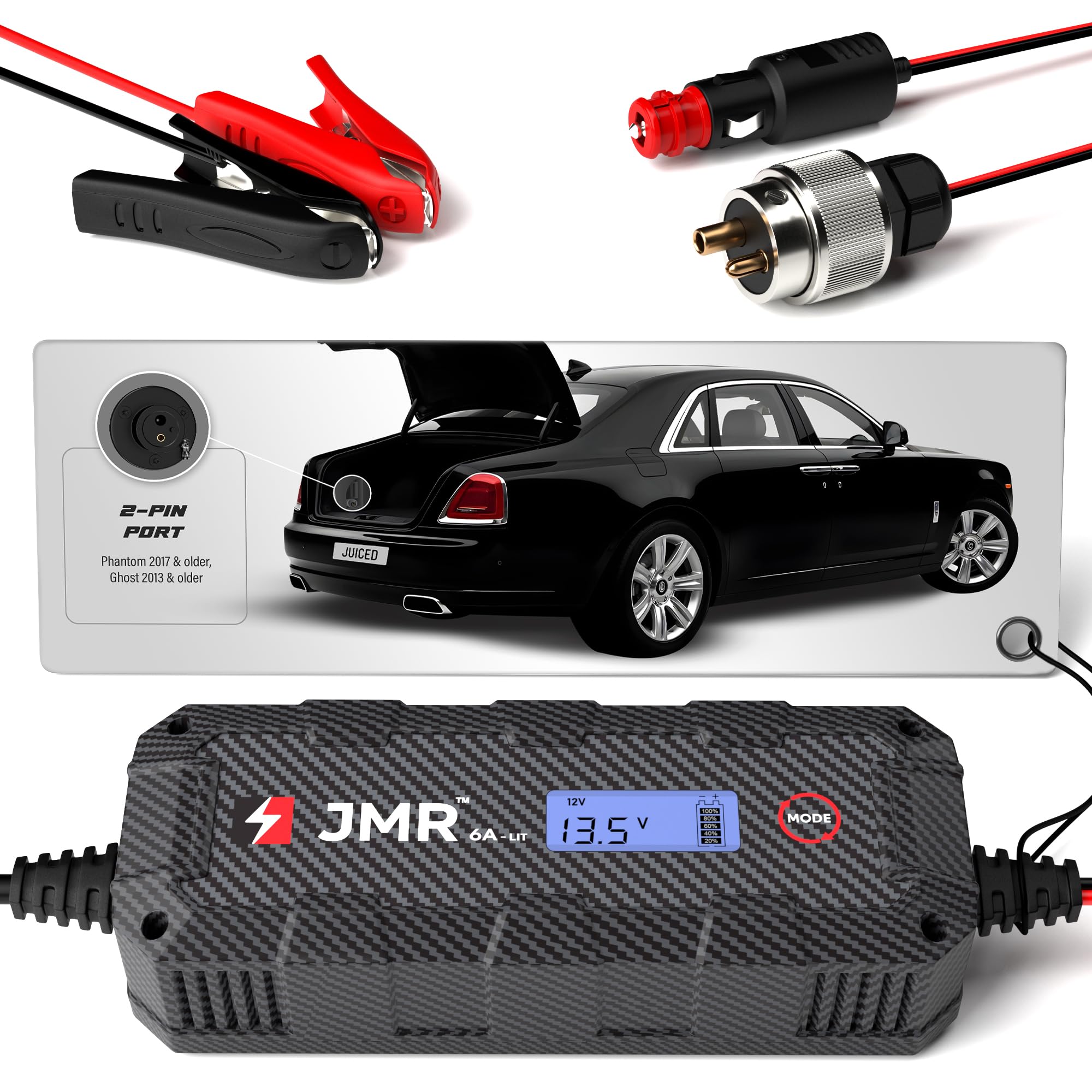 Rolls-Royce Ghost Phantom Battery Charger & Maintainer - 2-Pin Port Trickle Charger with Lithium Mode | Car Battery Conditioner for Long-Term Storage & Winter Protection