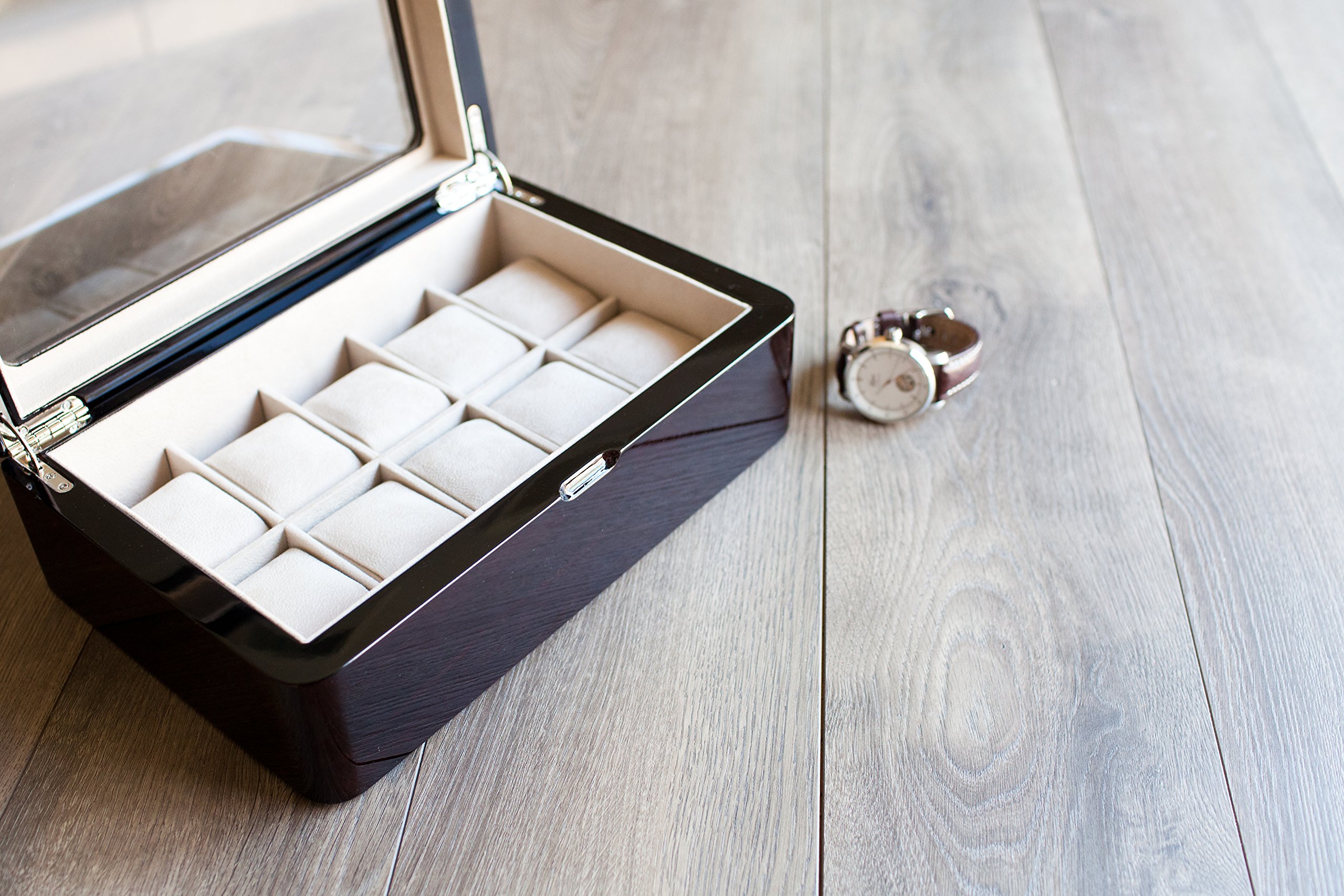 Premium Glossy Espresso Wood Watch Box with Glass Top - Holds 10 Watches - Luxury Watch Storage & Display Case for Collectors - Perfect for Dressers, Closets & Gift Giving