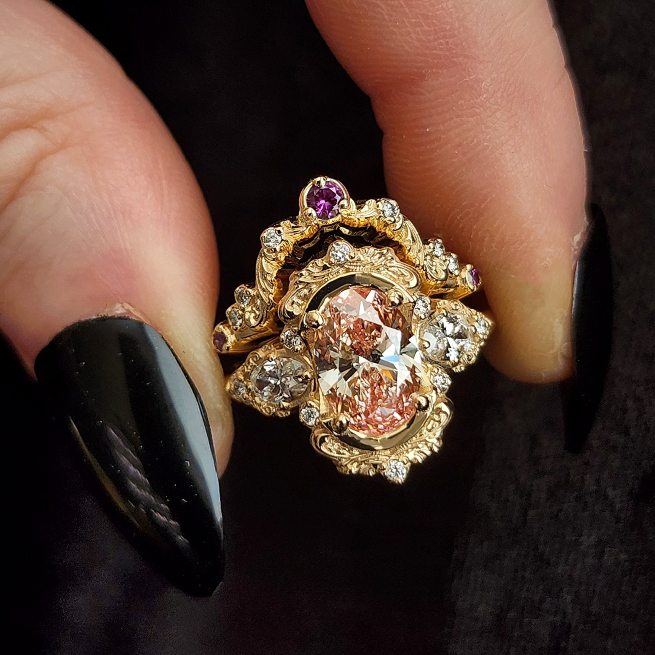 Ready to Ship Size 6-8 Fancy Pink Diamond Josephine Engagement Ring with Oval Side Stones & Berry Sapphire Diamond Wedding Band in 14K Yellow Gold – Perfect for Proposals, Anniversaries & Bridal Jewelry Sets