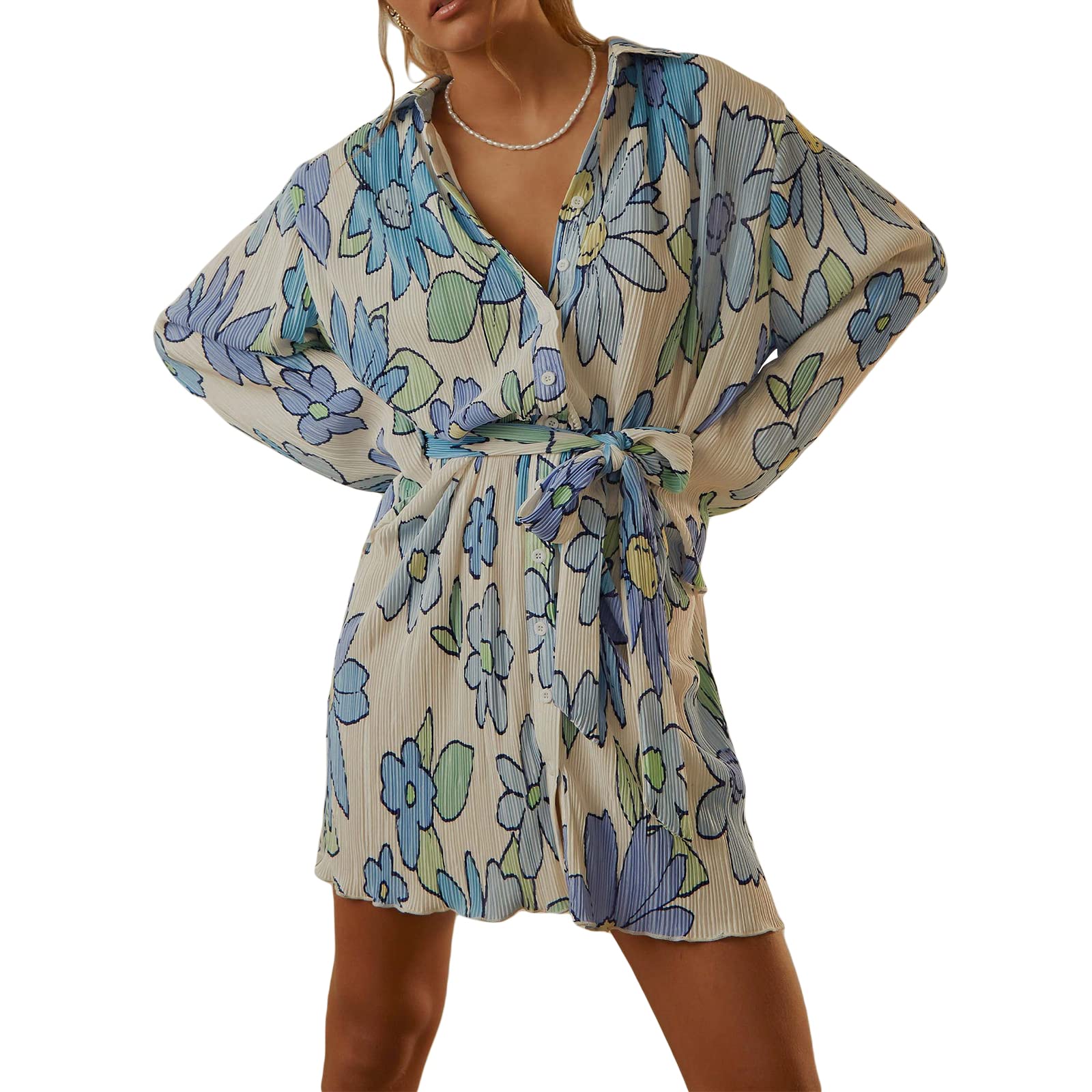 Faretumiya Women's Pleated Mini Shirt Dress - Long Sleeve Button Down Blouse with Lace Up Belt & Tunic Style | Perfect for Office, Date Night & Casual Outings