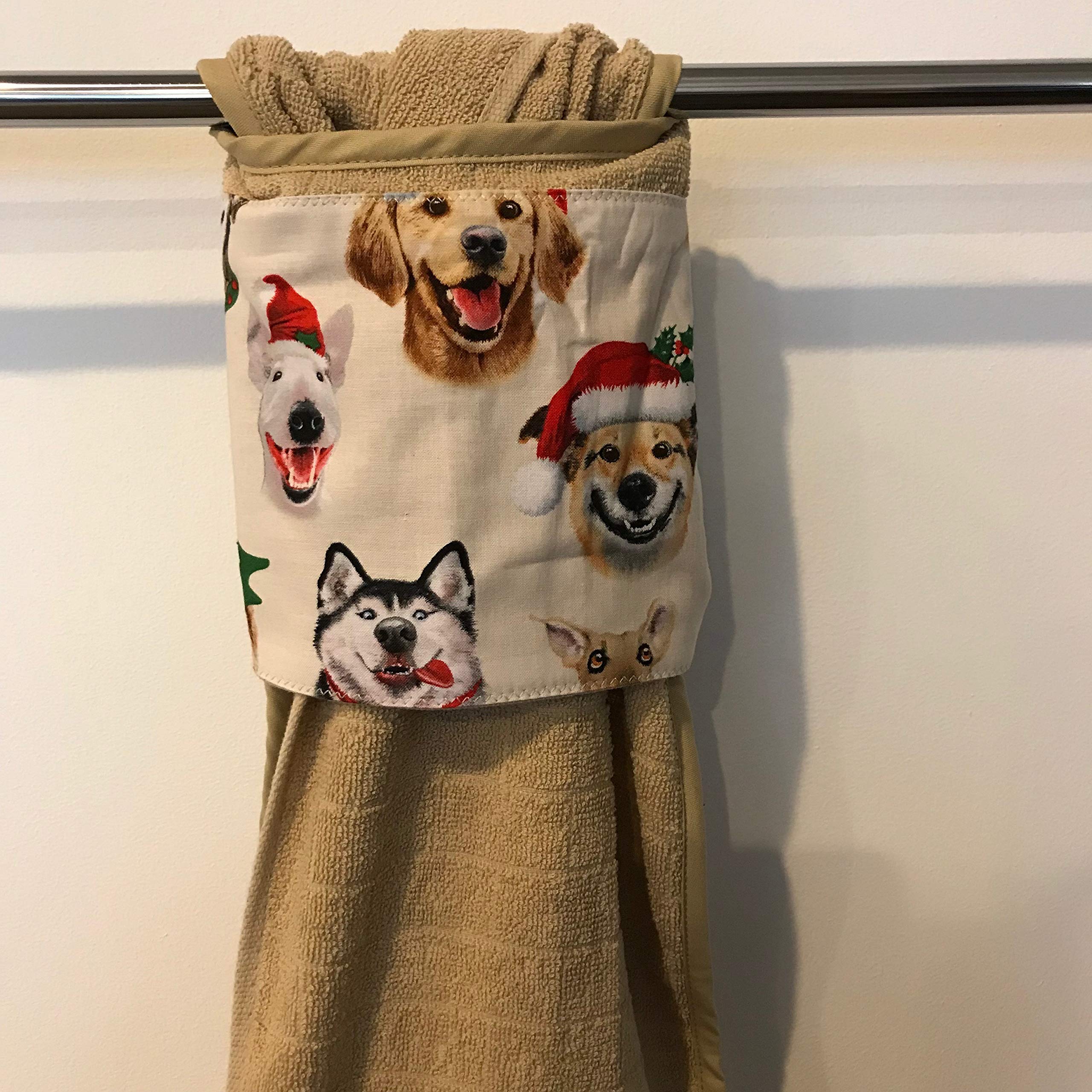 Christmas Beige Kitchen Hand Towel with X'Mas Dog Selfies Patch - 17x27 Inches - Holiday Decor & Gift - Perfect for Festive Kitchens, Bathrooms & Christmas Decorations