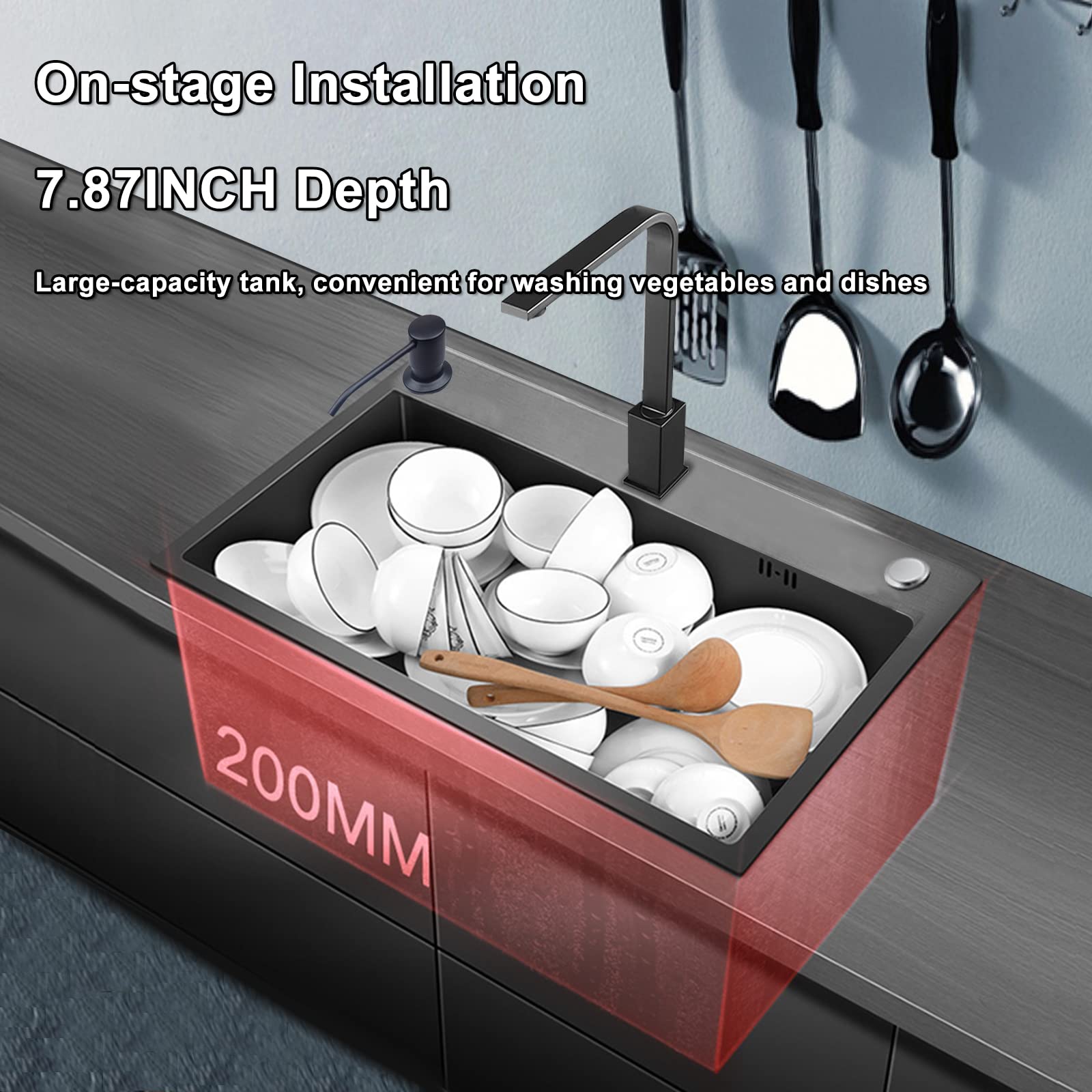Undermount Single Bowl Kitchen Sink with Faucet - 304 Stainless Steel, Large Capacity, Black Nano Coating - Durable & Spacious for Home Cooking, Dishwashing, and Food Prep