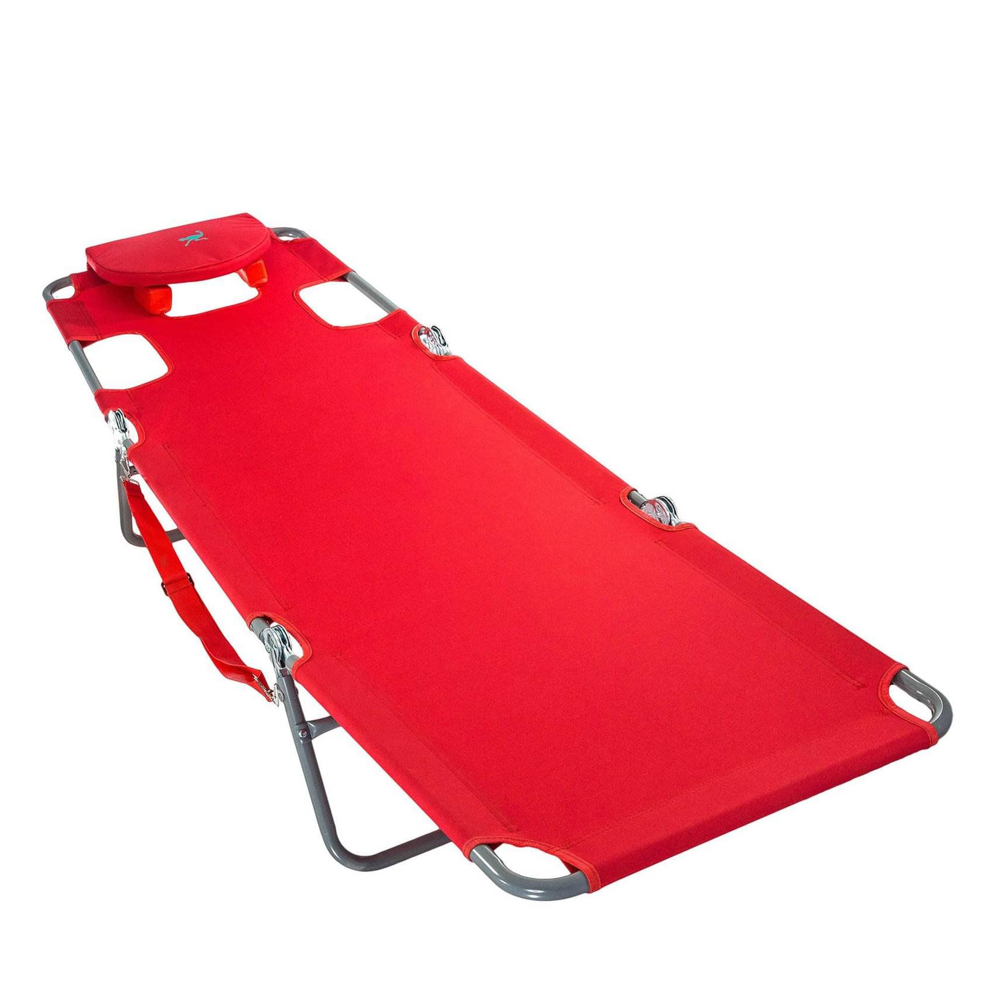 Ostrich Chaise Folding Steel Frame Beach Lounger - 5 Position Adjustable Reclining Outdoor Camping Lawn Chair with Portable Carry Strap - Perfect for Beach, Poolside, Backyard & Picnic (Red)