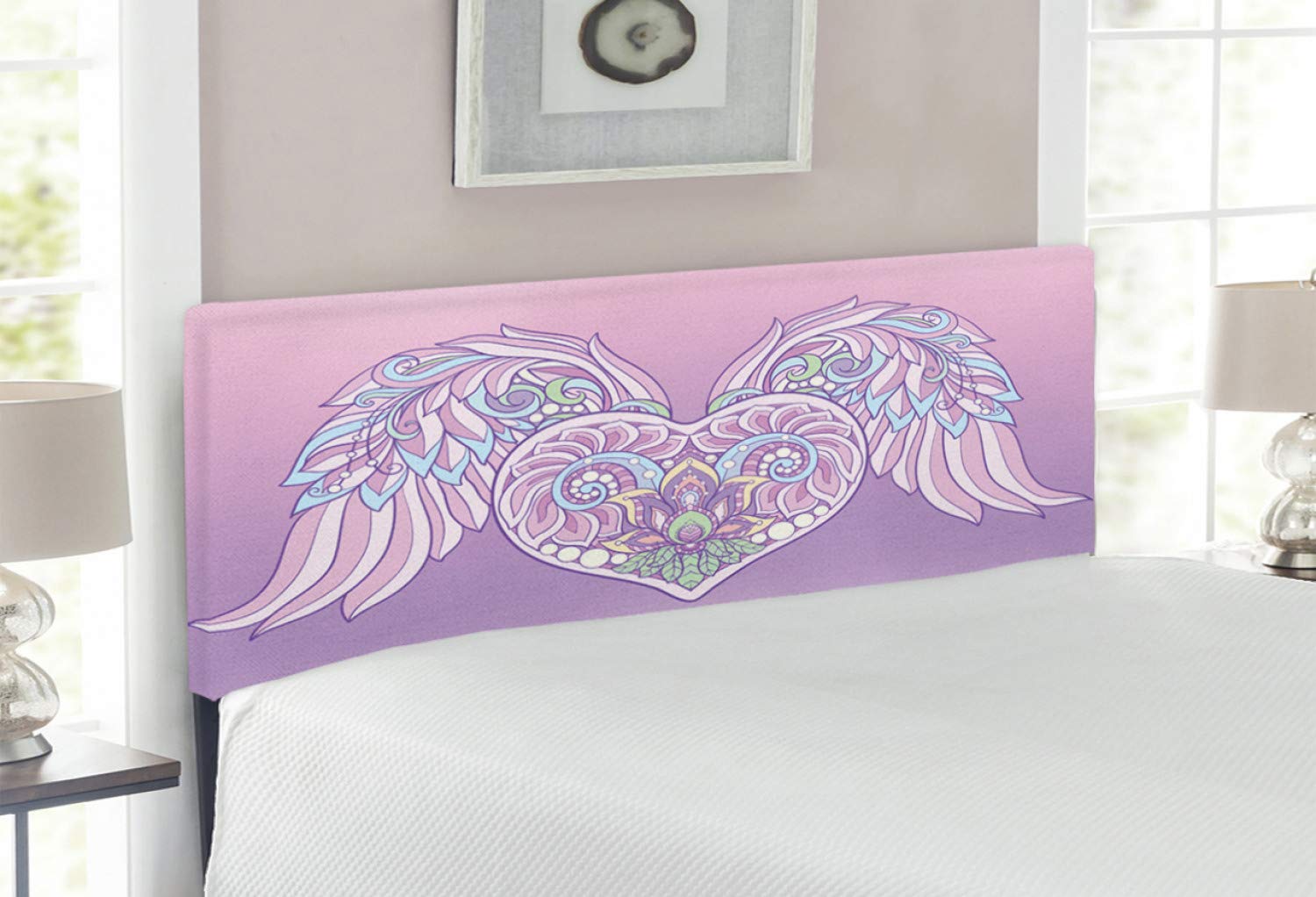 Ambesonne Angel Wings Headboard - Ornamental Heart with Feather Wings, Boho Pastel Romance Marriage Theme Upholstered Decorative Metal Bed Frame - Full Size Pale Pink Lavender - Perfect for Master Bedroom, Guest Room & Bohemian Style Home Decor